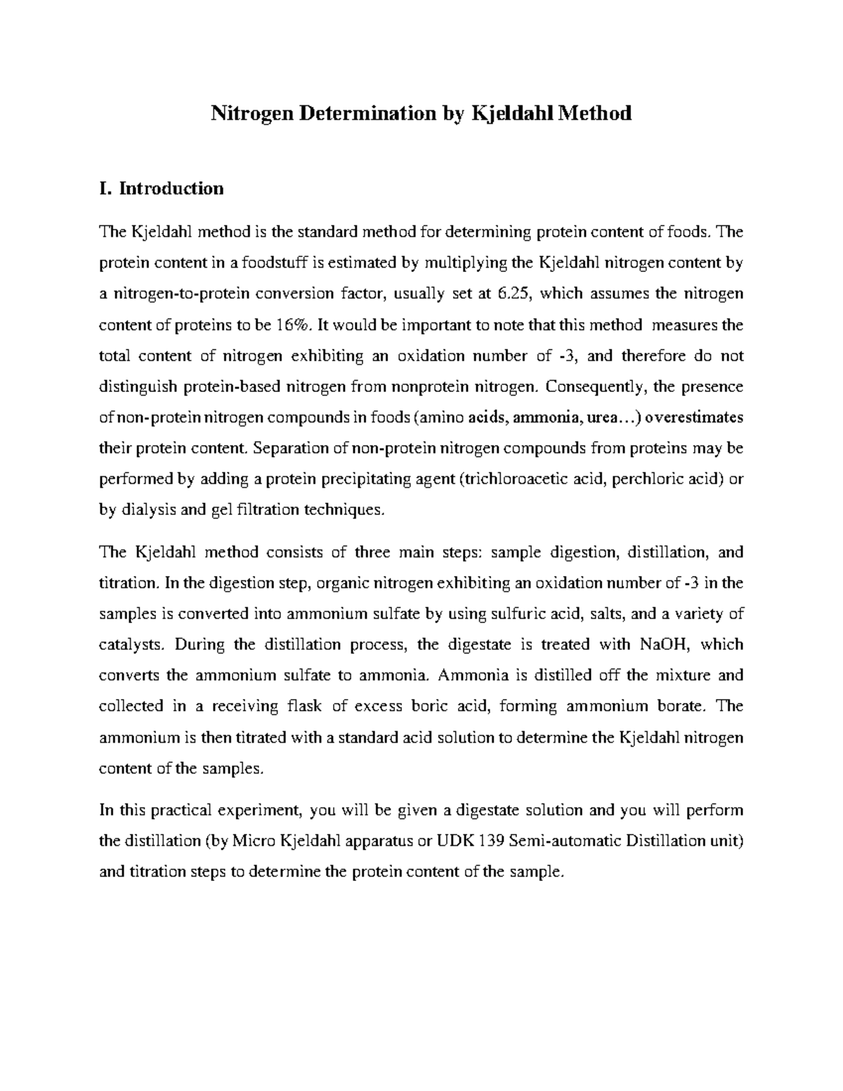 Lab 1. Nitrogen Determination by Kjeldahl Method Introduction The