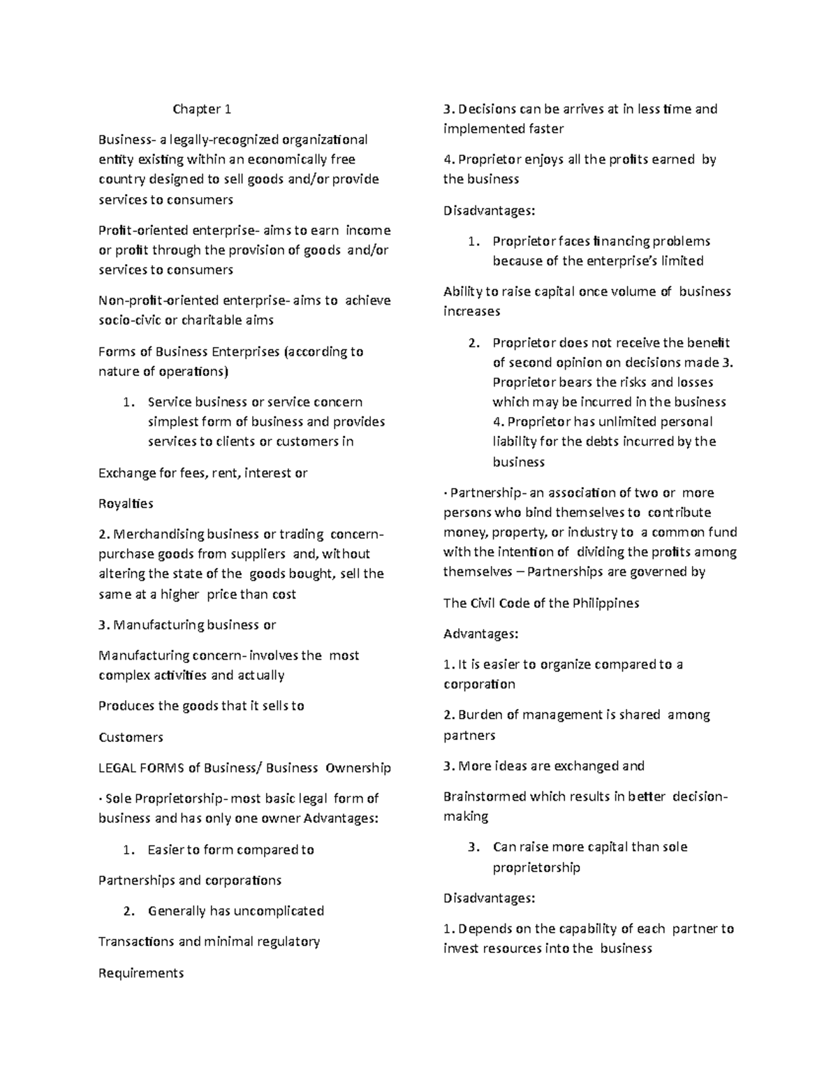 ABO- Reviewer MIDTERM - Chapter 1 Business- a legally-recognized ...