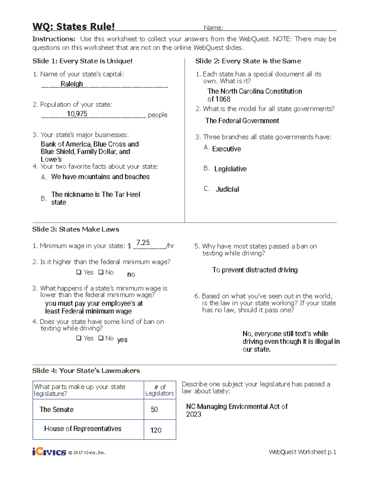 States Rule © 2017 iCivics, Inc. WebQuest Worksheet p. WQ Name Instructions Use this