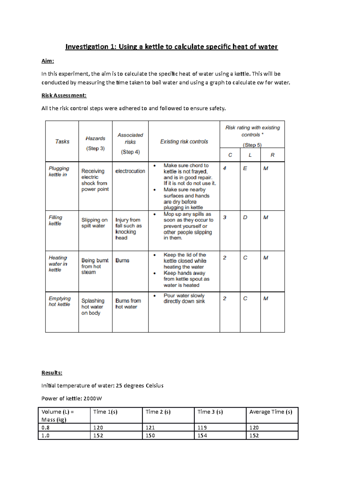 Investigation 1 Using a Kettle to calculate the specific heat of water