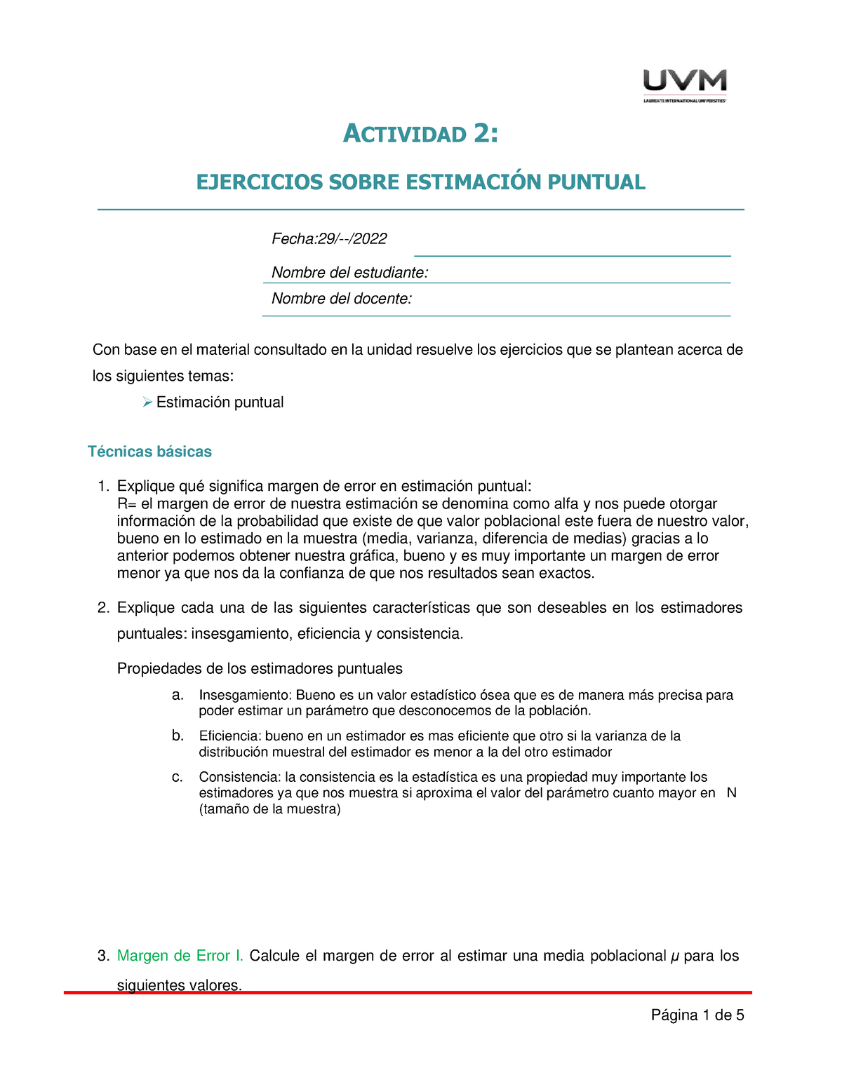 A2 Ejercicios - ACTIVIDAD 2: EJERCICIOS SOBRE ESTIMACI”N PUNTUAL Fecha ...