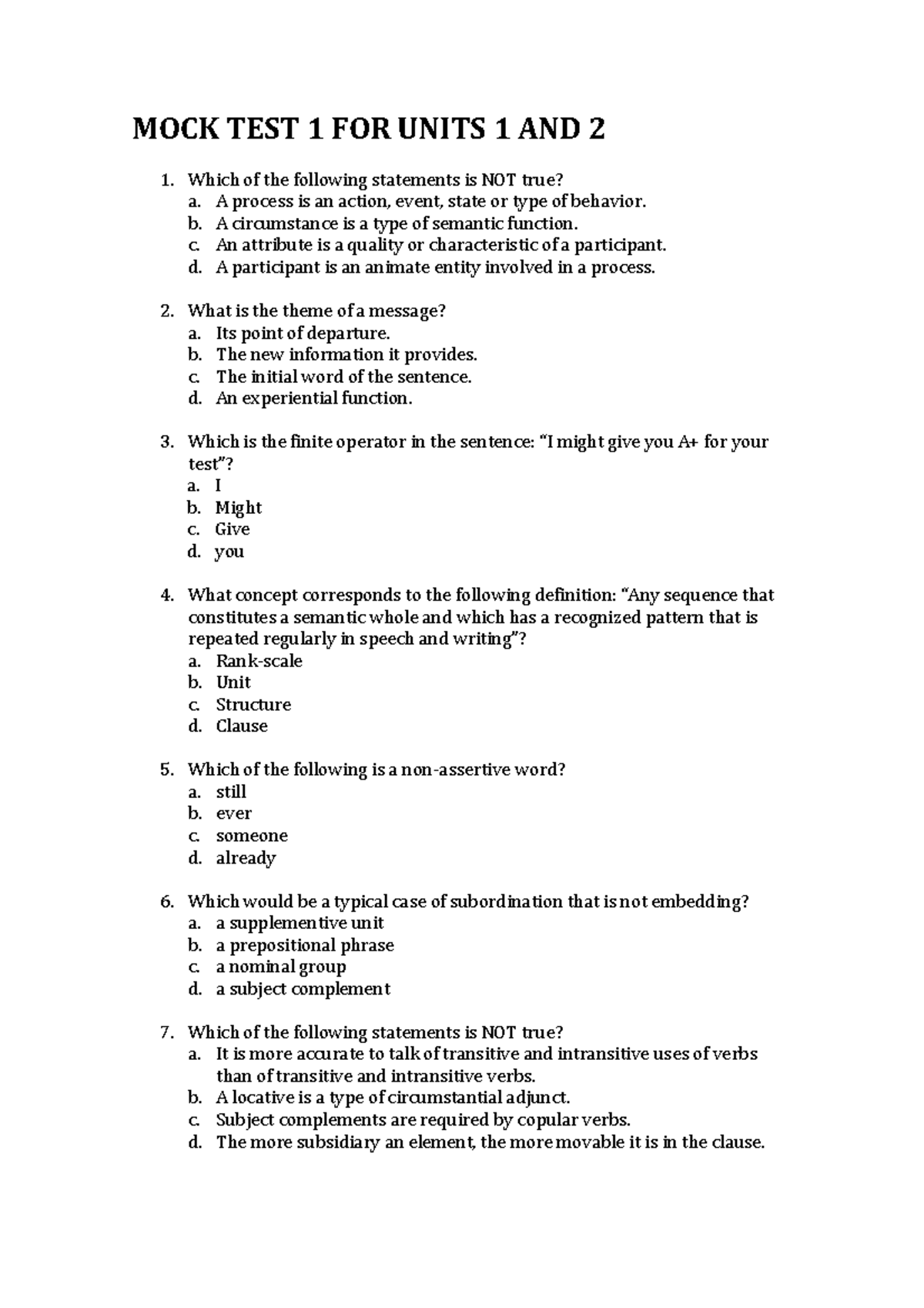 TEST 1 2018, preguntas - MOCK TEST 1 FOR UNITS 1 AND Which of the ...