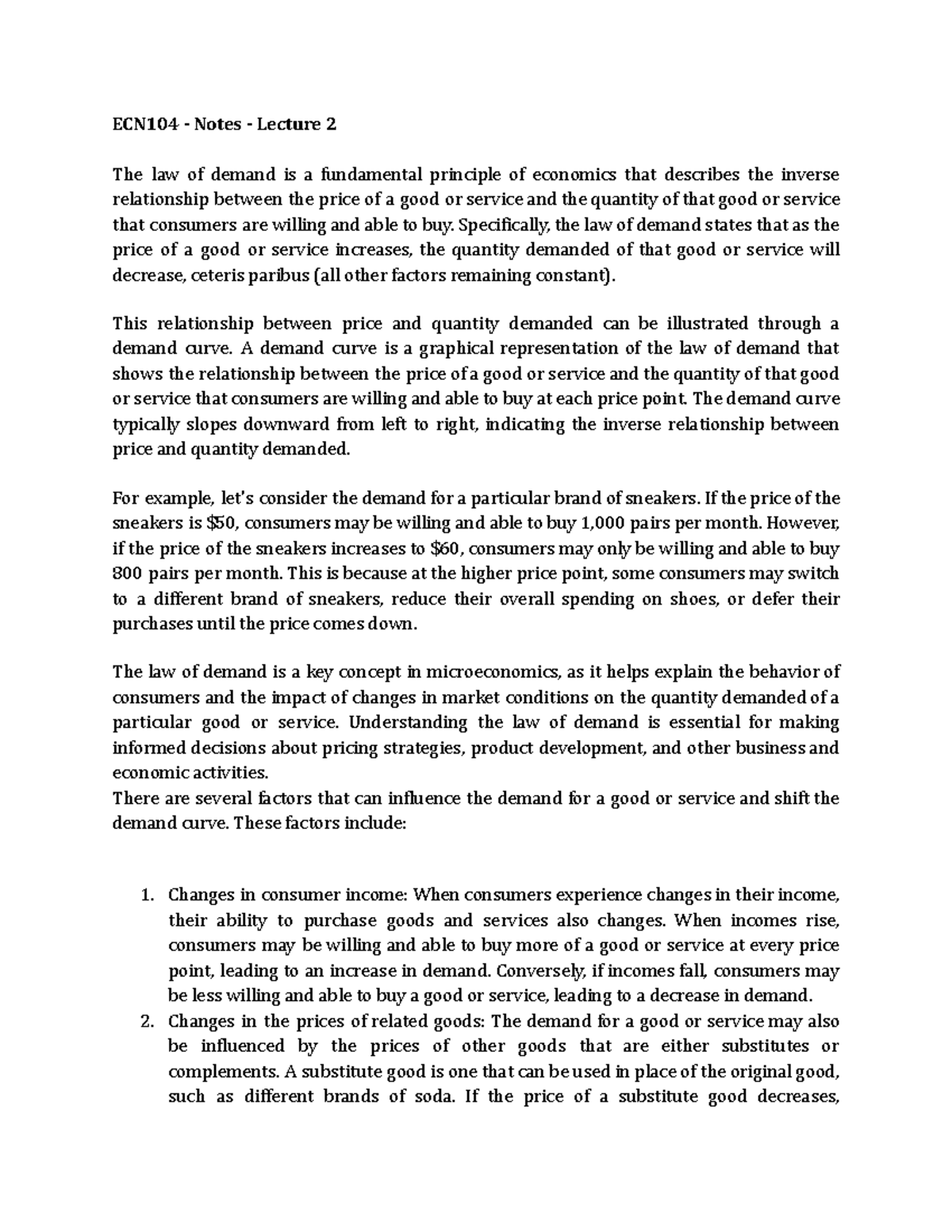 ECN104 - Notes - Lecture 2 - Specifically, the law of demand states ...