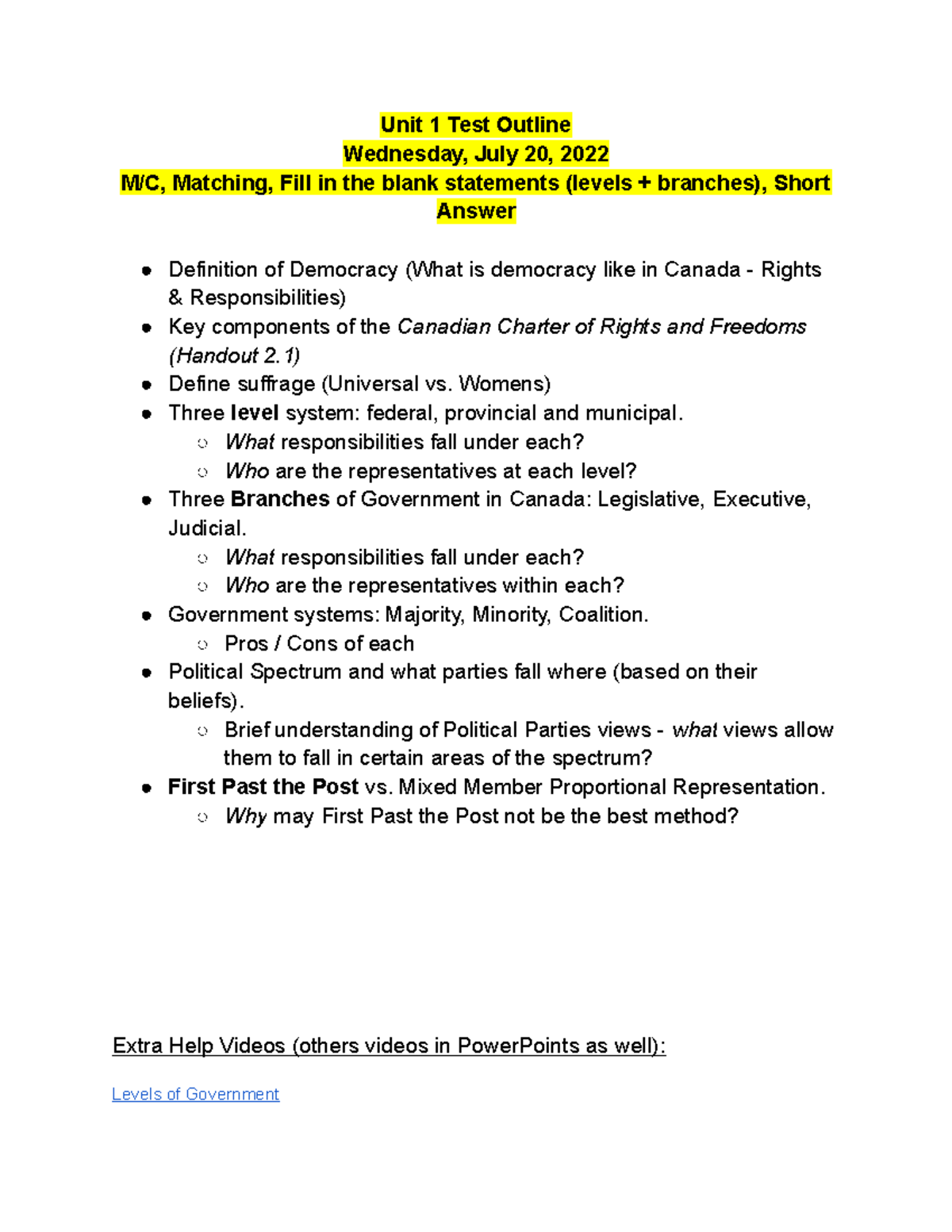1 Unit 1 Test Outline - Unit 1 Test Outline Wednesday, July 20, 2022 M ...