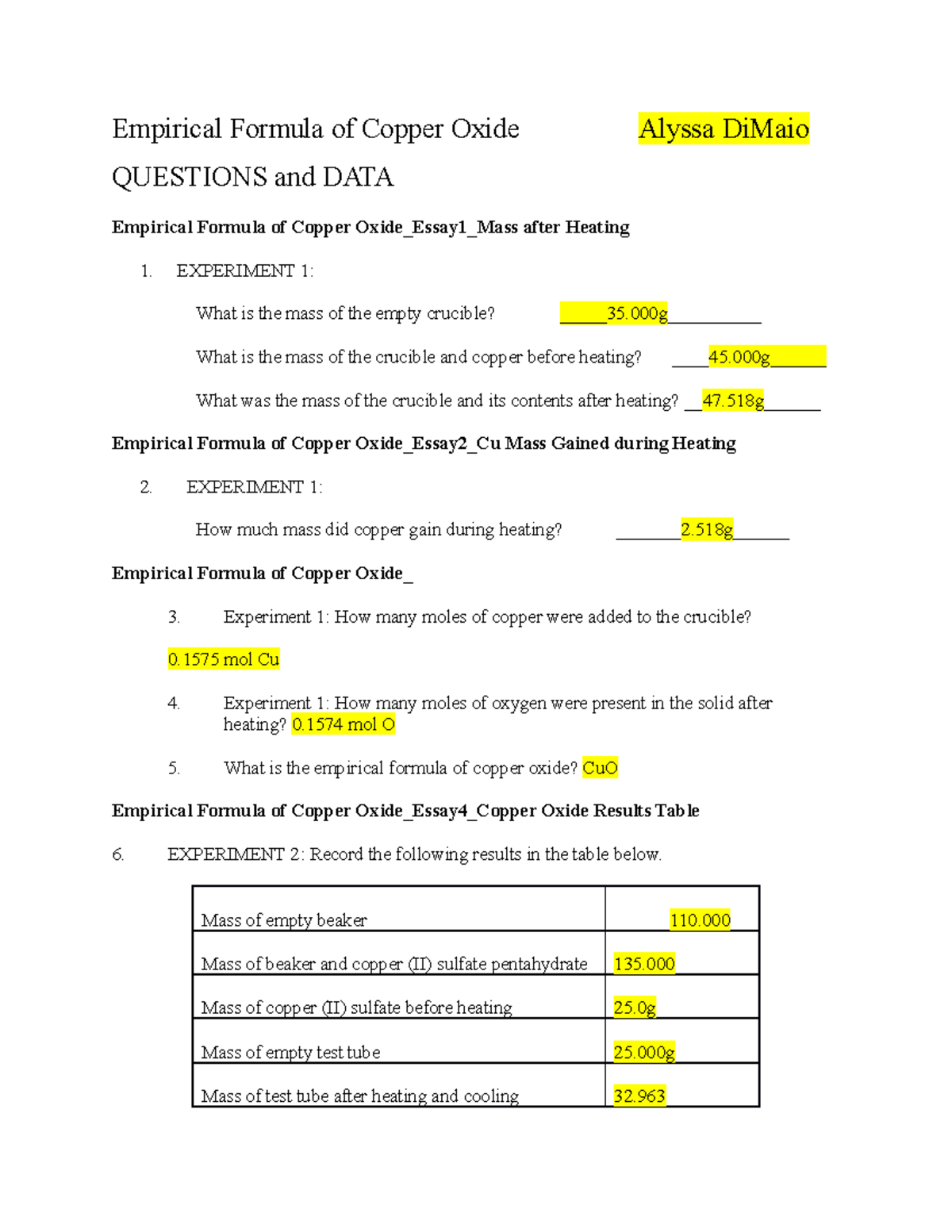 Empirical Formula of Copper Oxide Adimaio Empirical Formula of
