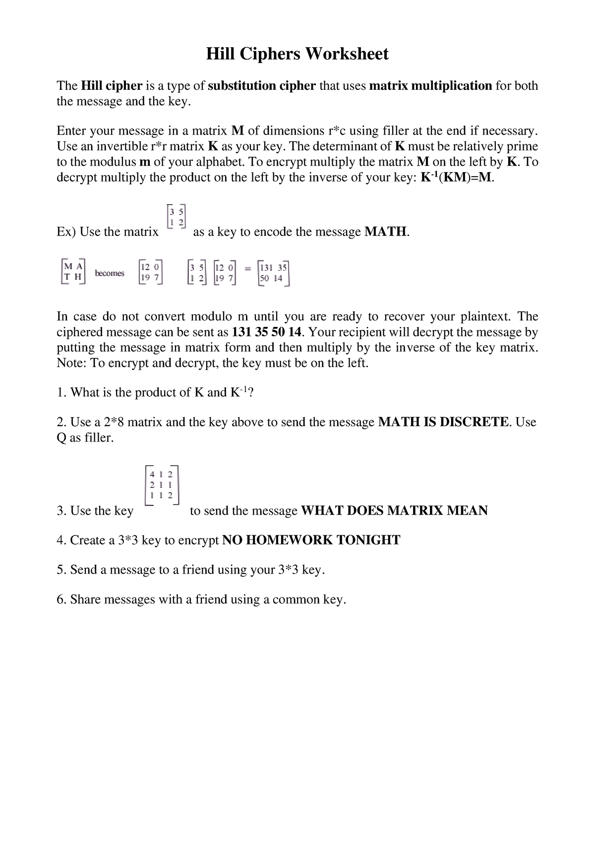 Hill Ciphers Worksheet With Annex - Hill Ciphers Worksheet The Hill ...