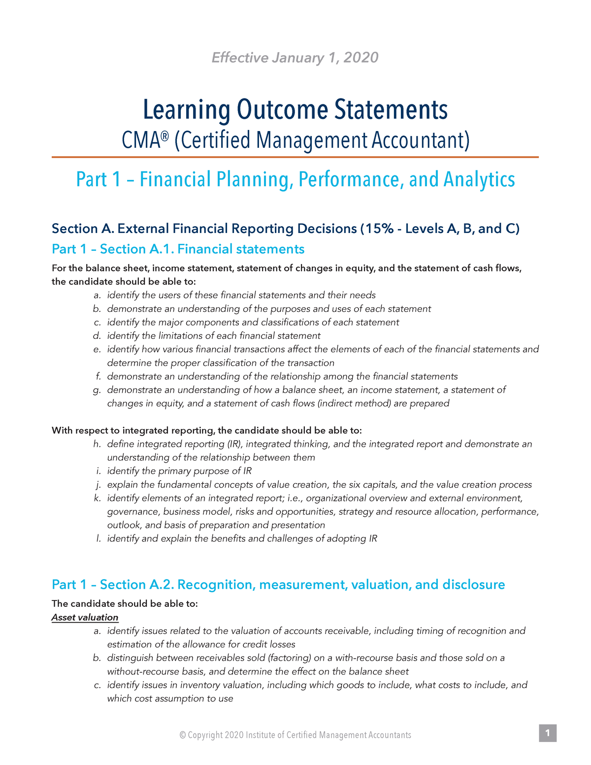 CMA Learning Statements Effective January 1, 2020 Learning