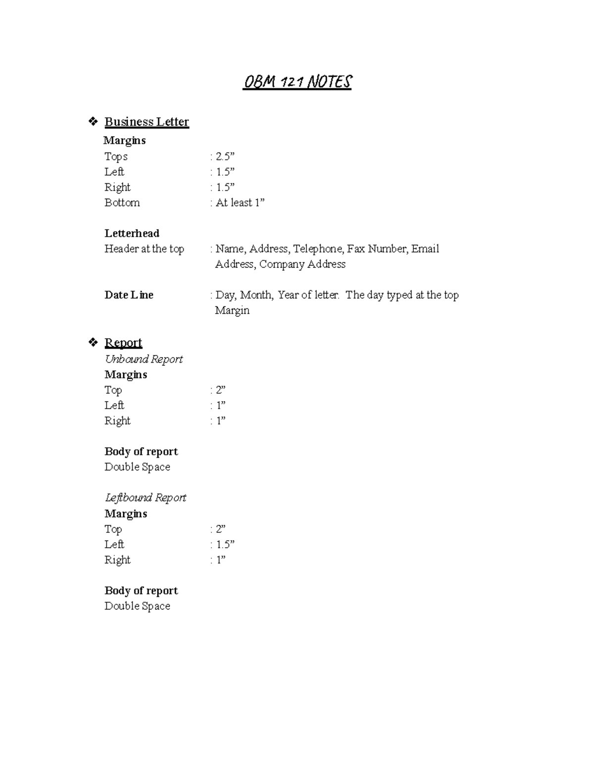 OBM 2 Notes - OB 121 NO Business Letter Margins Tops : 2= Left : 1 ...