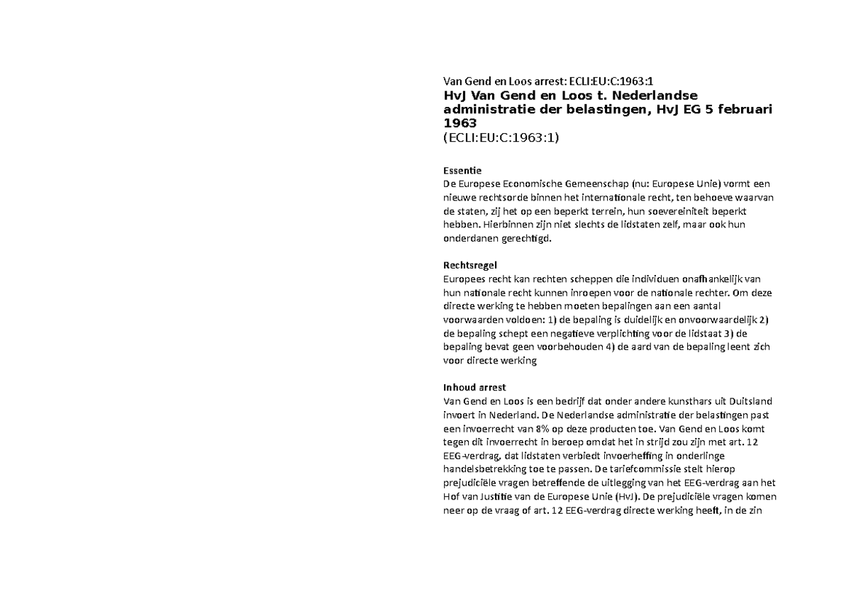 Jurisprudentie - Van Gend en Loos arrest: ECLI:EU:C:1963: HvJ Van Gend