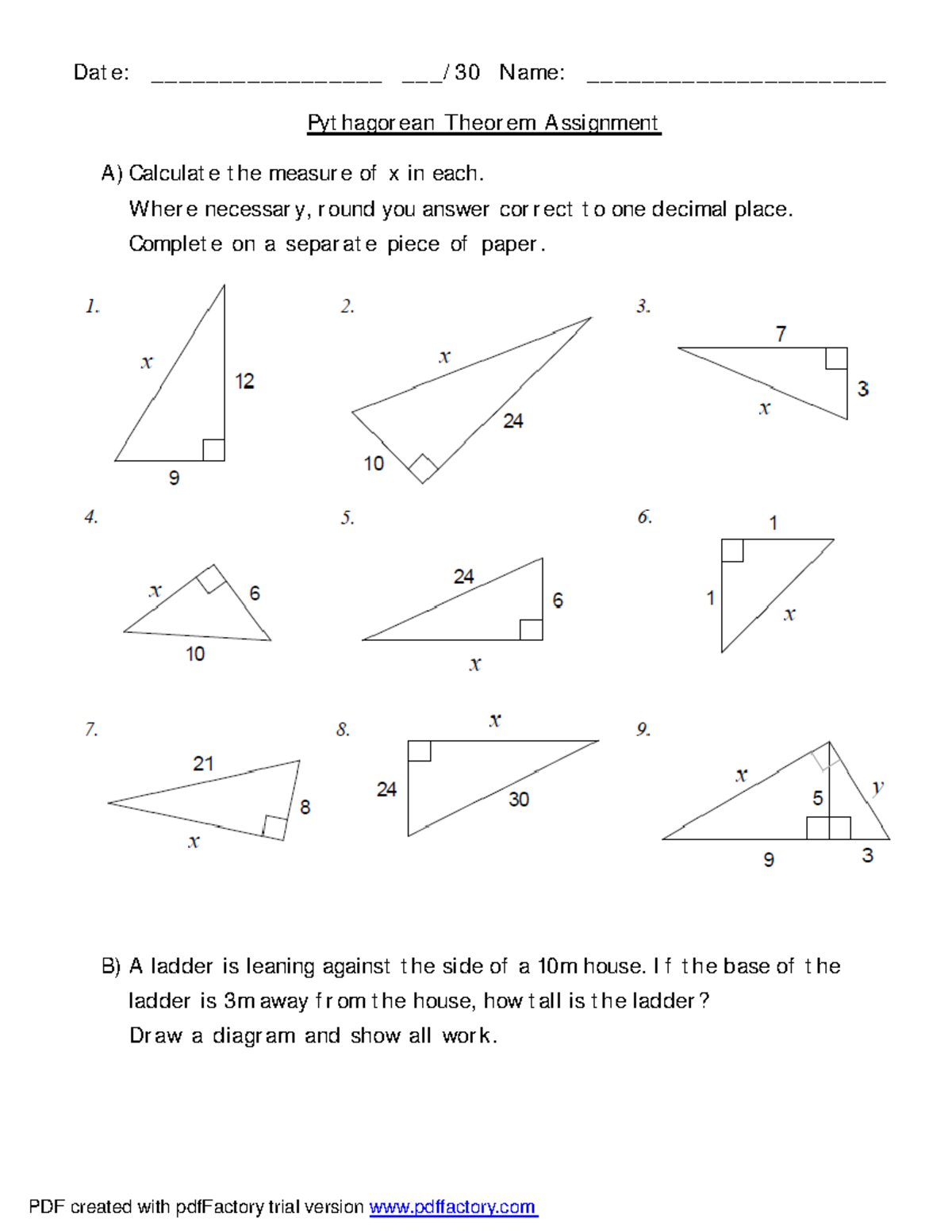 09-07 CTG Pythagorean Thm practice - Date: _________________ ___/30 ...