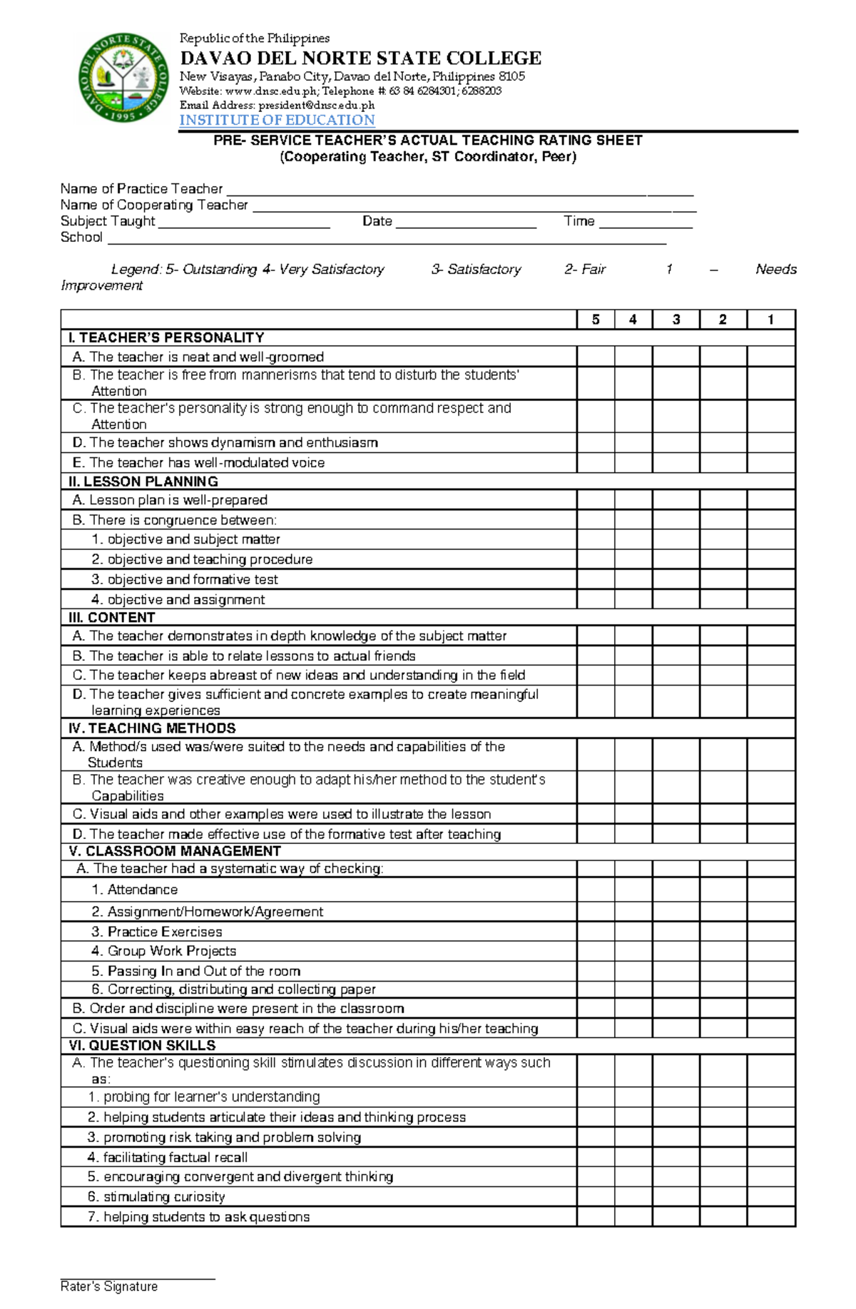 2LONG Practice Teaching Observation and Rating Sheet - Republic of the ...