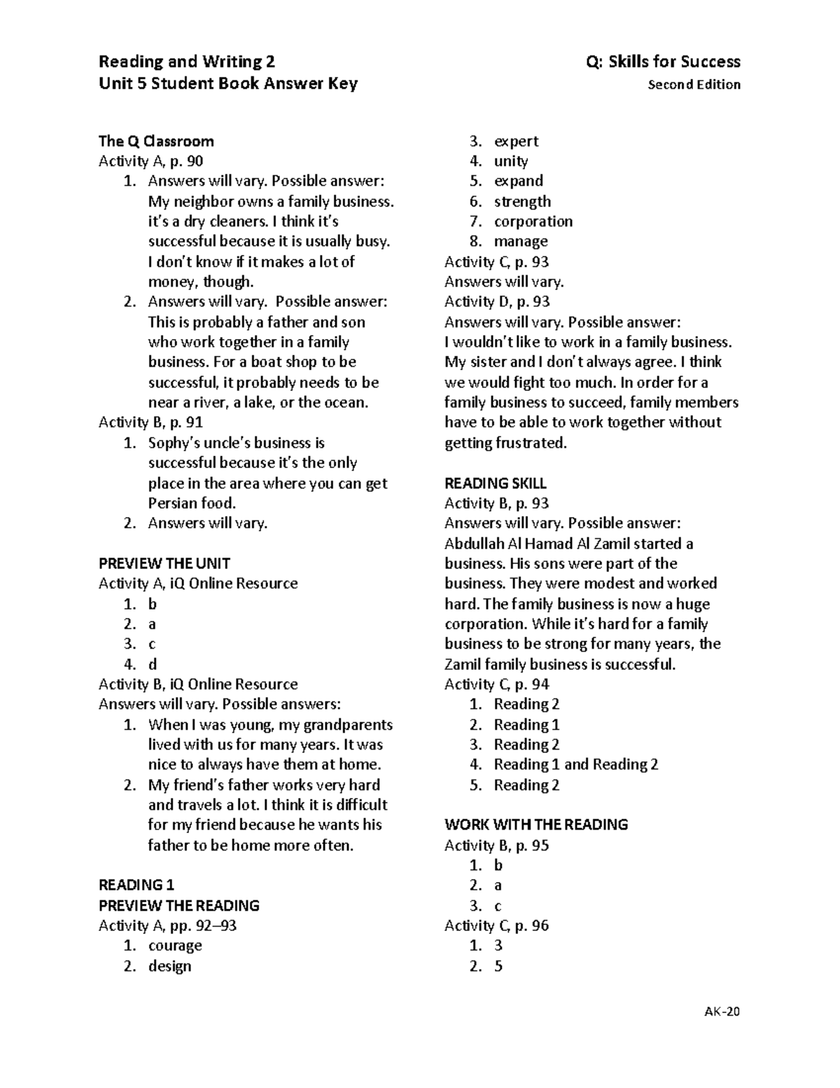 RW U 5 1 - Uujjk - Unit 5 Student Book Answer Key Second Edition The Q ...