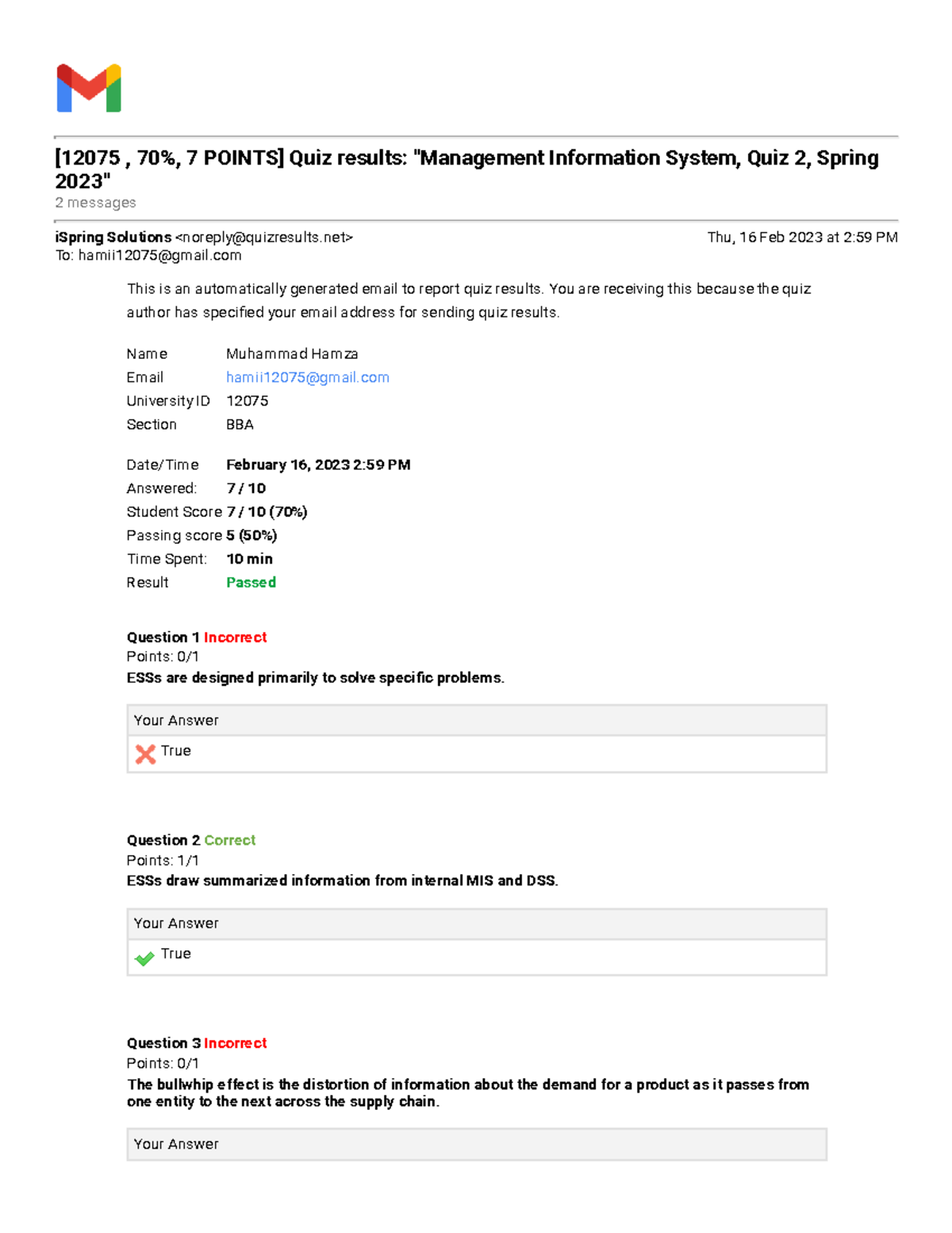 Gmail [12075 , 70, 7 Points] Quiz results Management Information