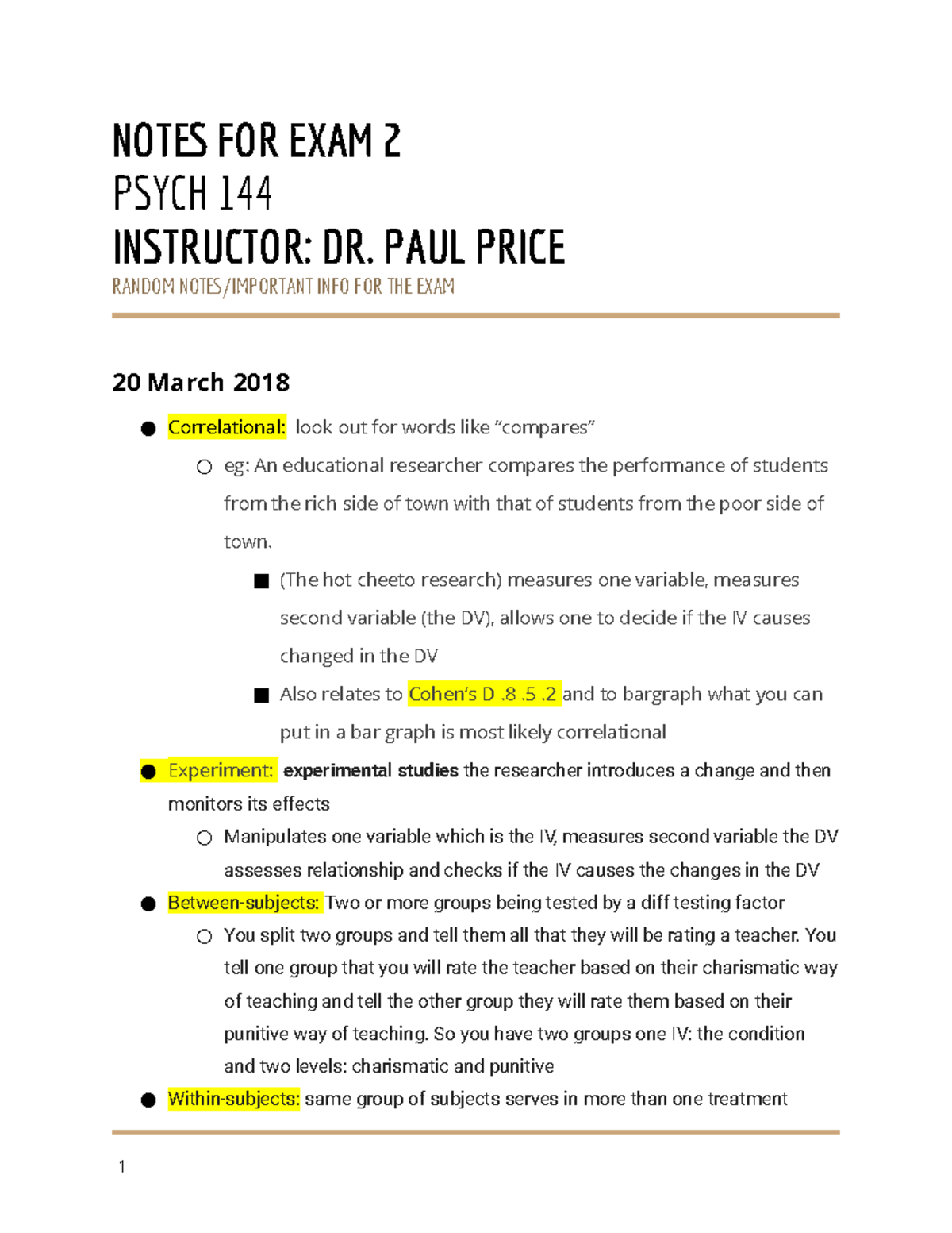 Notes for EXAM 2 - NOTES FOR EXAM 2 PSYCH 144 INSTRUCTOR: DR. PAUL ...