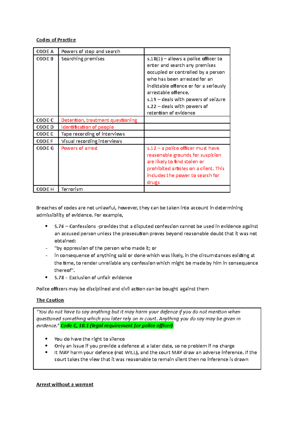 Criminal Litigation LGS1 Notes - Codes of Practice CODE A Powers of ...