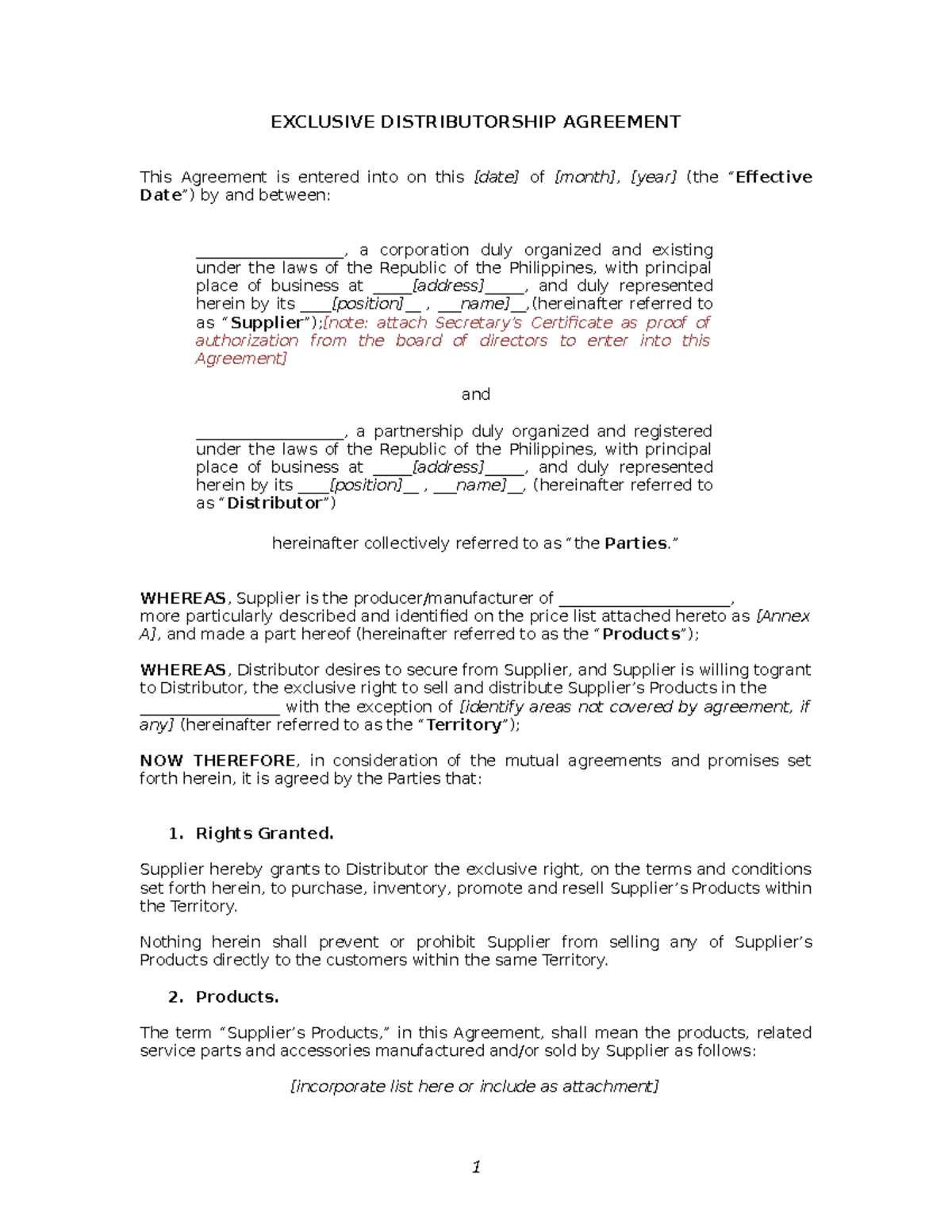 247598256 Exclusive Distributorship Agreement EXCLUSIVE DISTRIBUTORSHIP AGREEMENT This