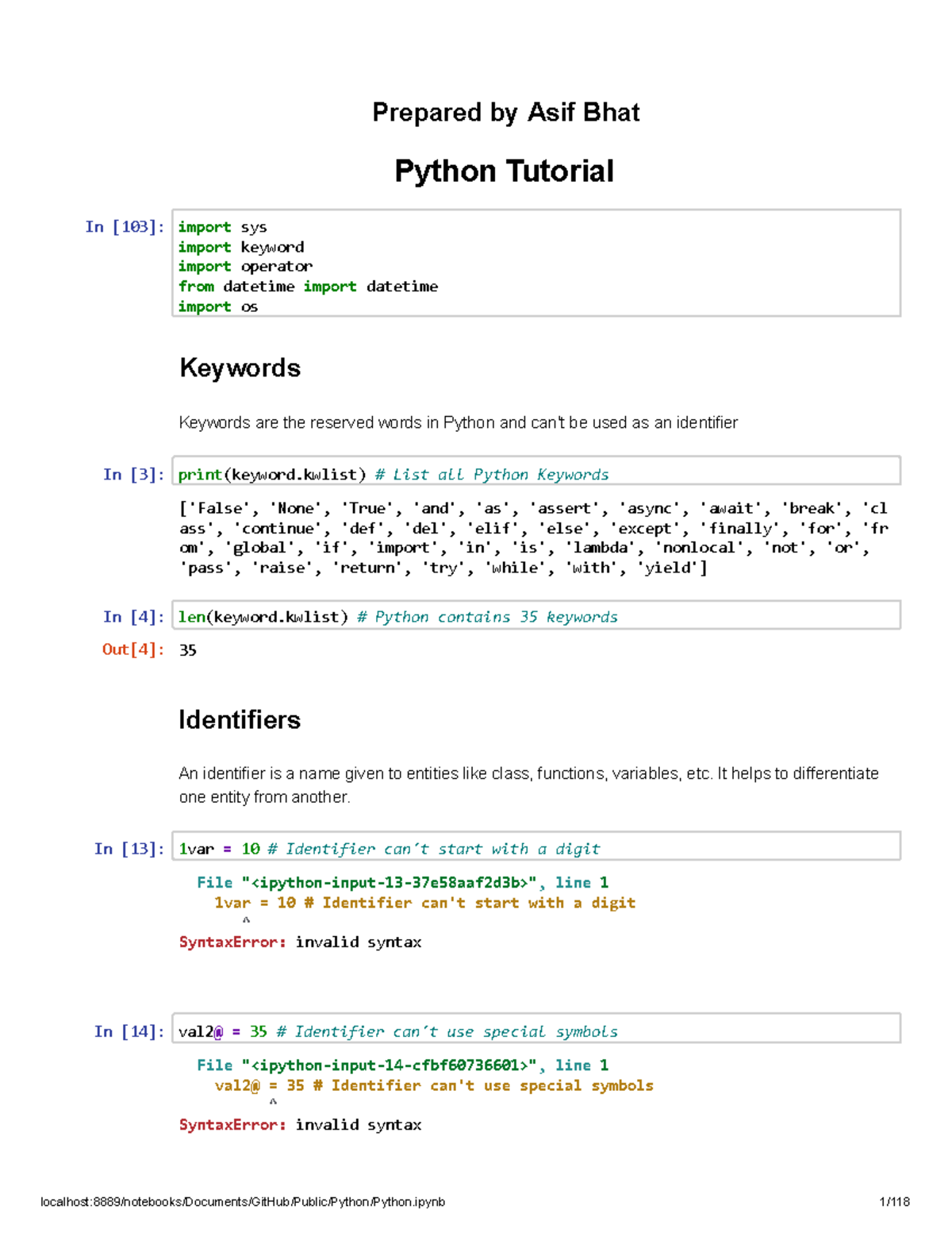 Python Tutorial Code - Prepared by Asif Bhat Python Tutorial In [103 ...