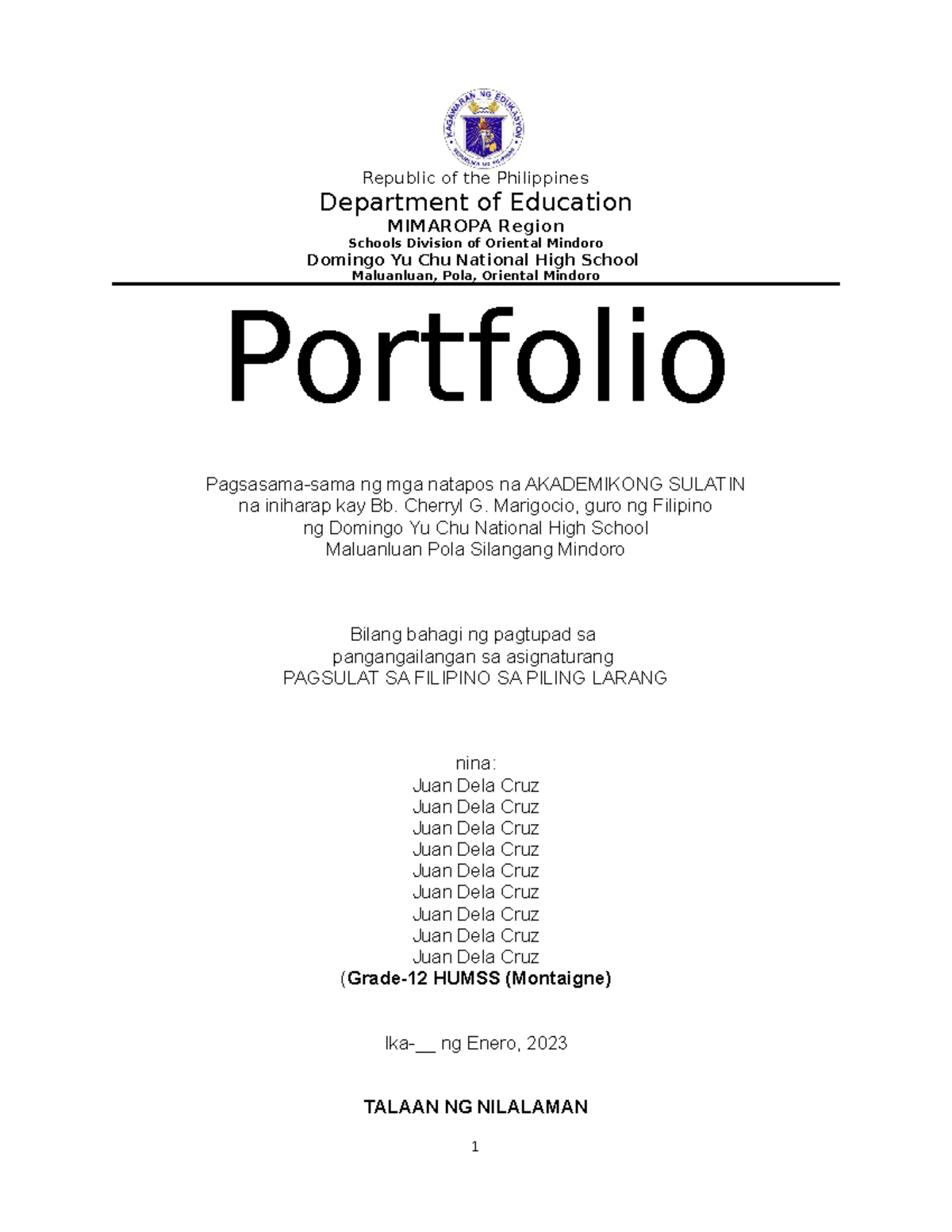 Portfolio-PFL - Good - Republic Of The Philippines Department Of ...