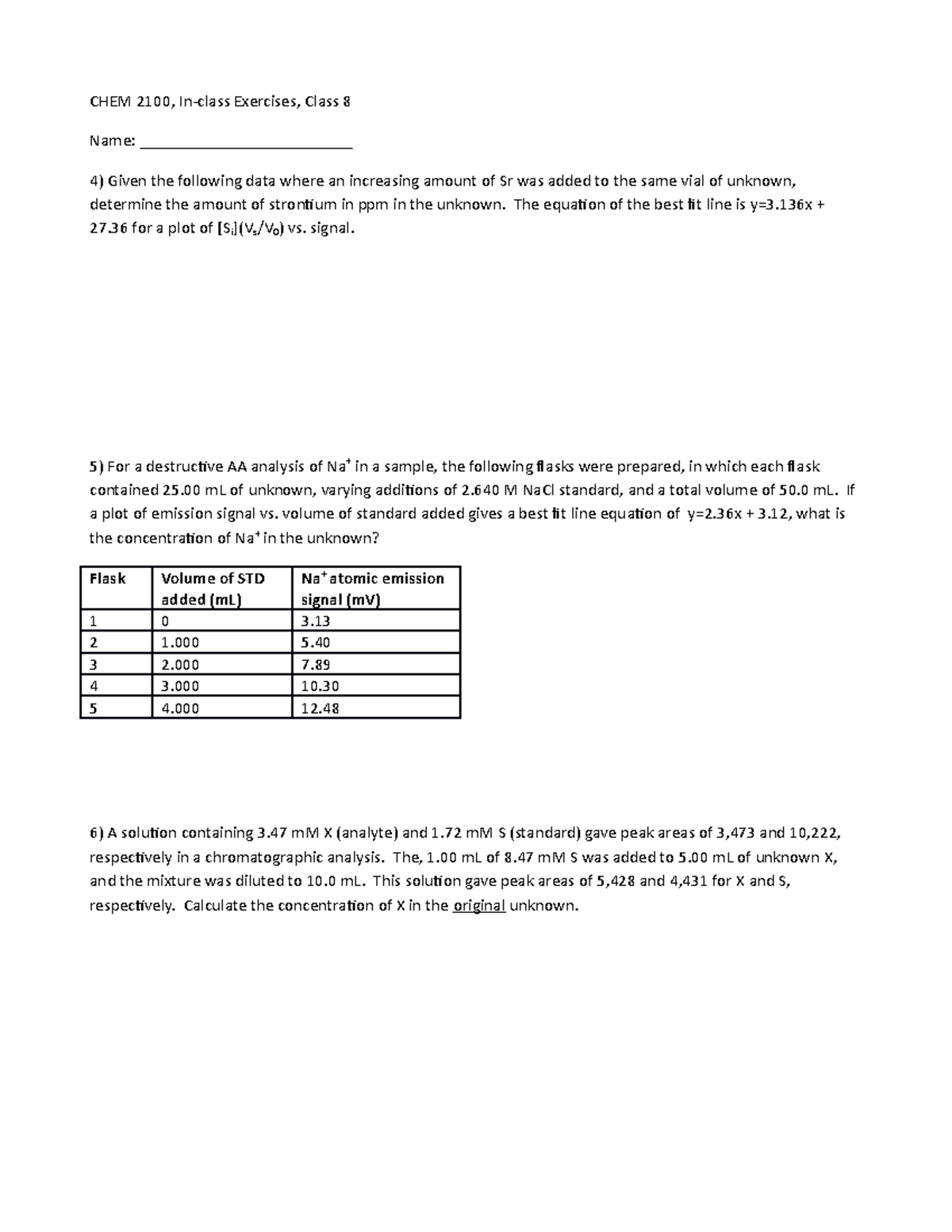 8, in class exercises (calibration) CHEM 2100, Inclass Exercises