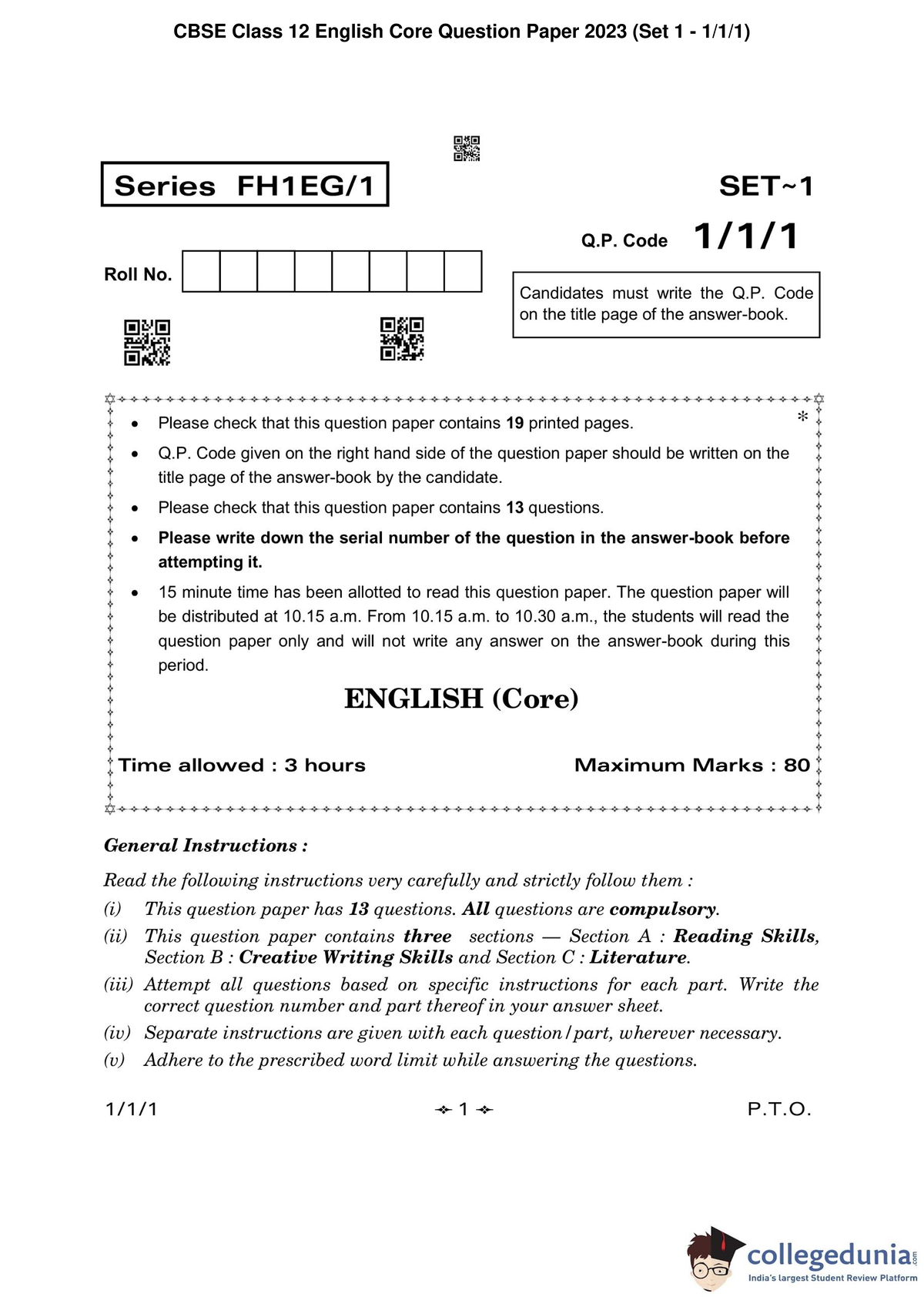 CBSE Class 12 English Core Question Paper 2023 Set 1 1 1 1 ...