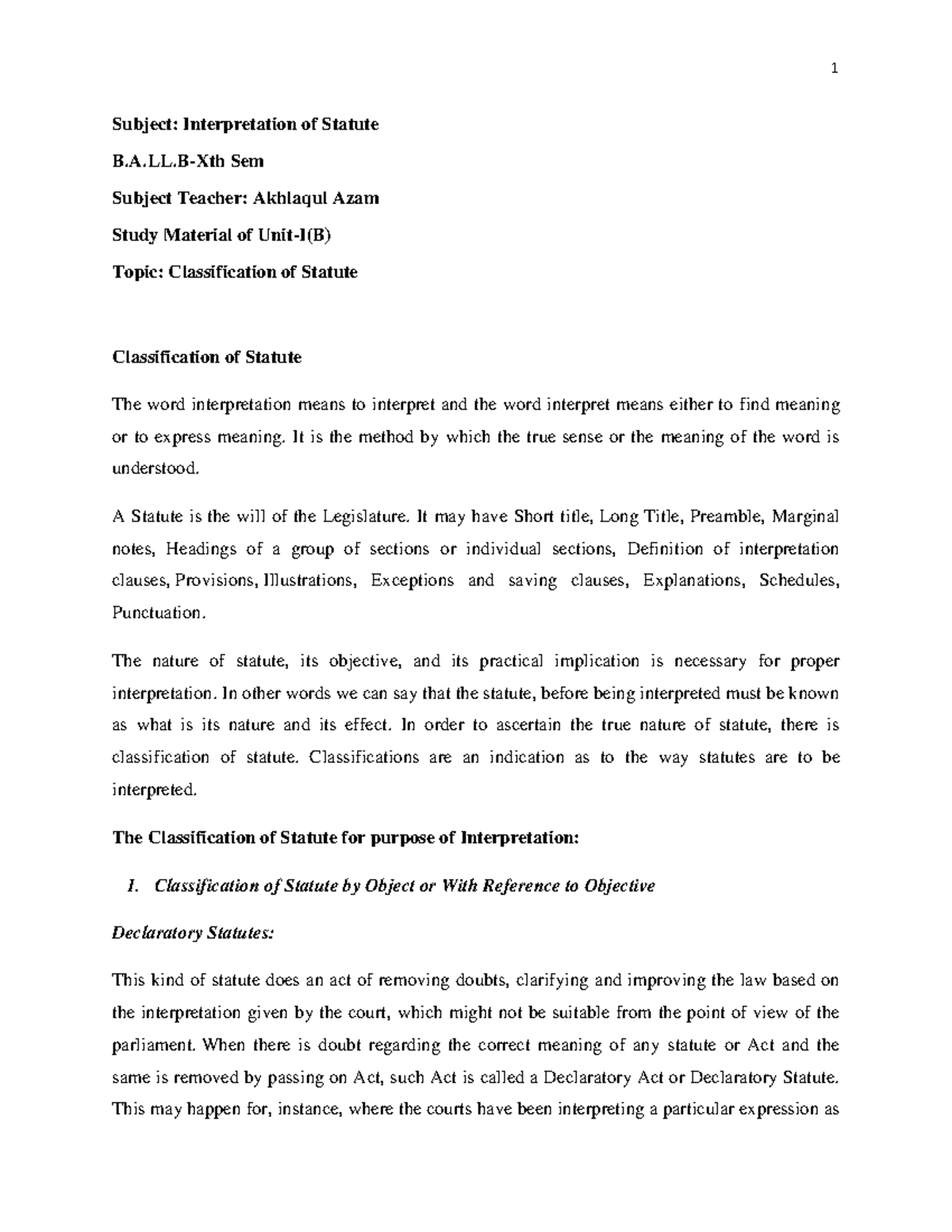 Classification of statute Subject Interpretation of Statute B.AXth