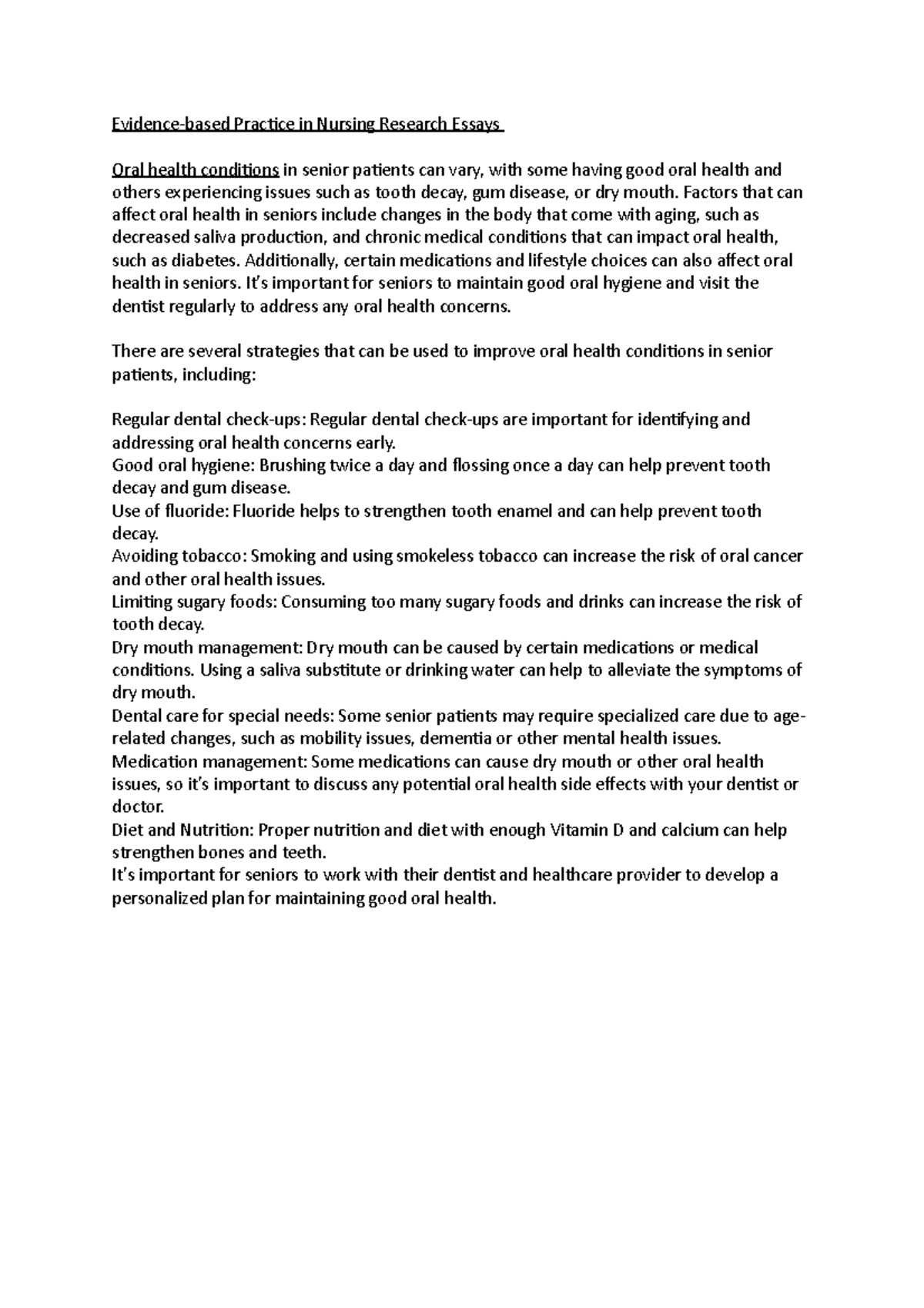 Evidencebased Practice in Nursing Research Essays Oral health