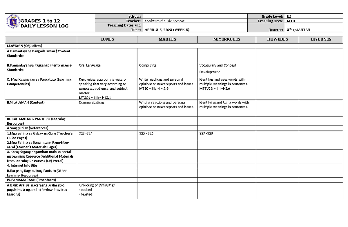 DLL MTB 3 Q3 W8 - the - GRADES 1 to 12 DAILY LESSON LOG School: Grade ...