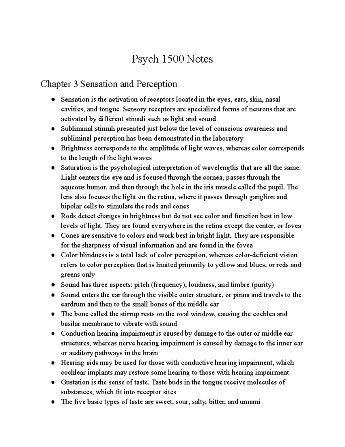 Psych chp 3 - Psych 1500 Notes Chapter 3 Sensation and Perception ...