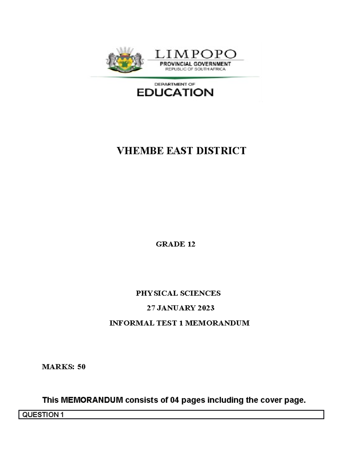 Physical Sciences Gr 12 Informal Test 1 ( Momentum and impulse) MEMO 14 ...