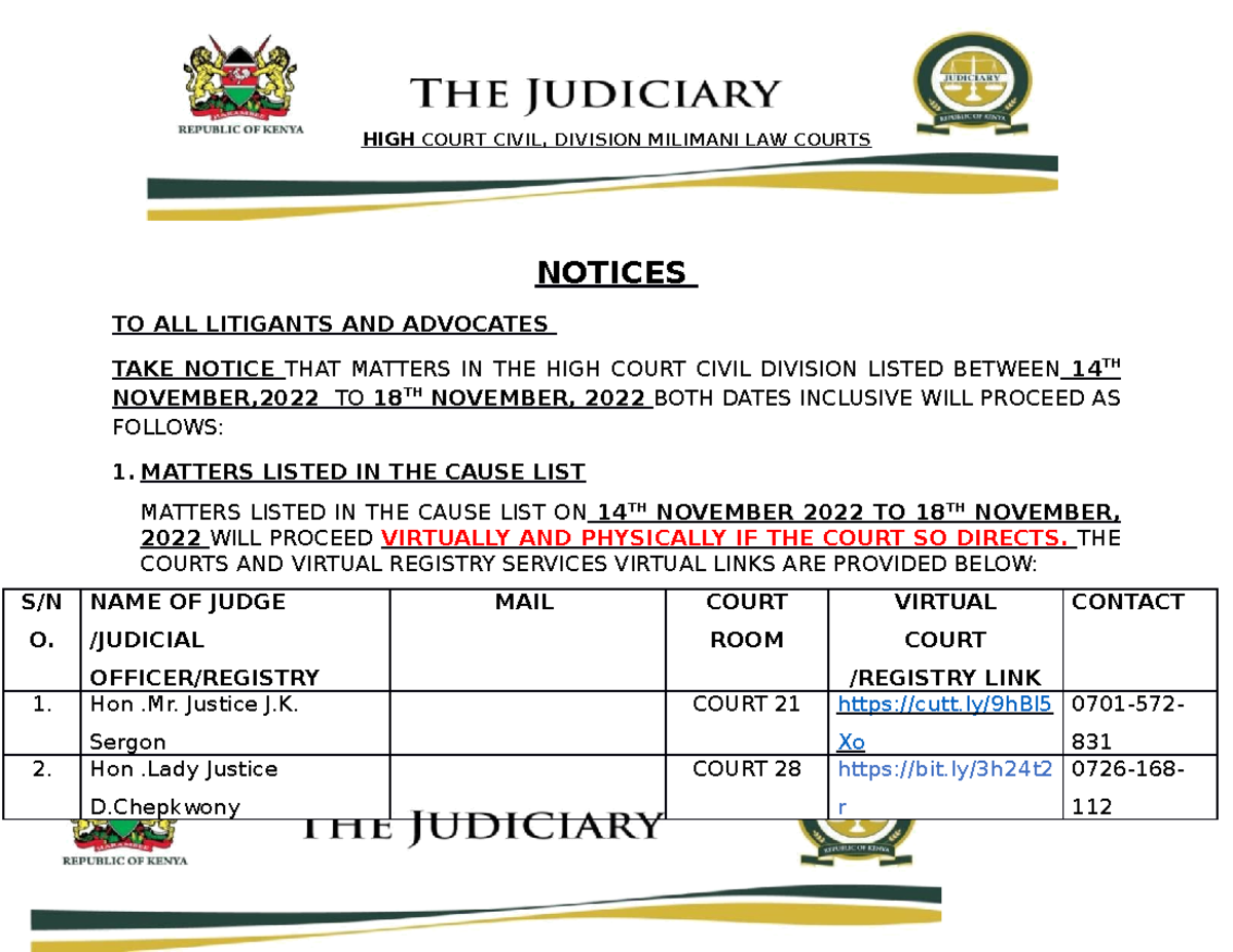 Civil Notices AND Links FOR 14TH 18TH November 2022 Civil law MKU