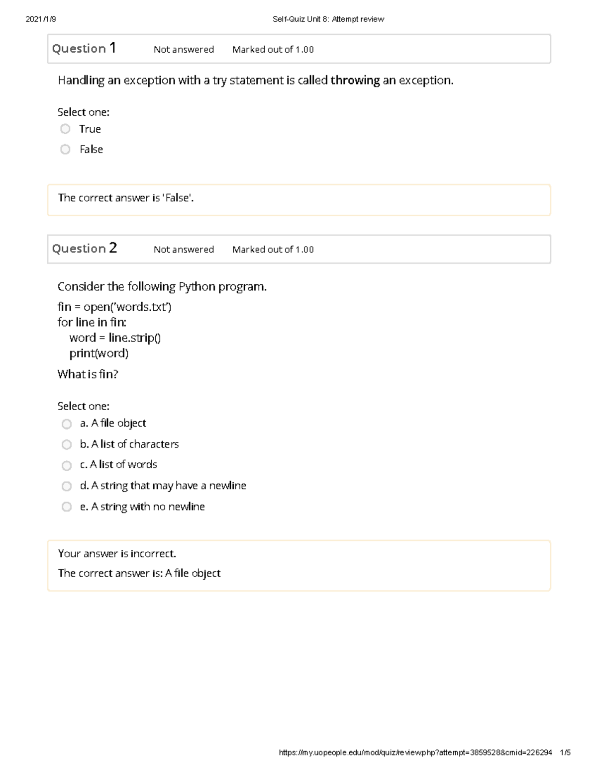 Self-Quiz Unit 8 Attempt review 6 - Question 1 Not answered Marked out ...