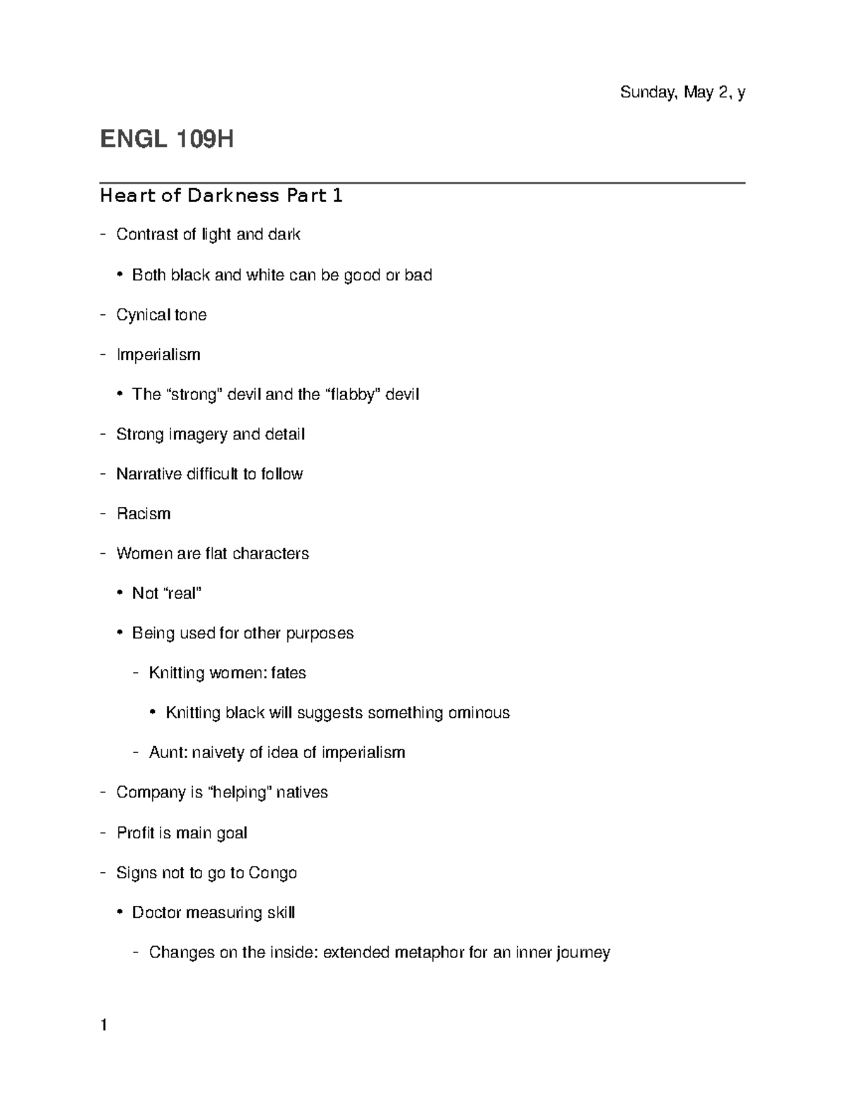 Heart Of Darkness Part 1 - Sunday ,May2,y ENGL109H Heart Of Darkness ...