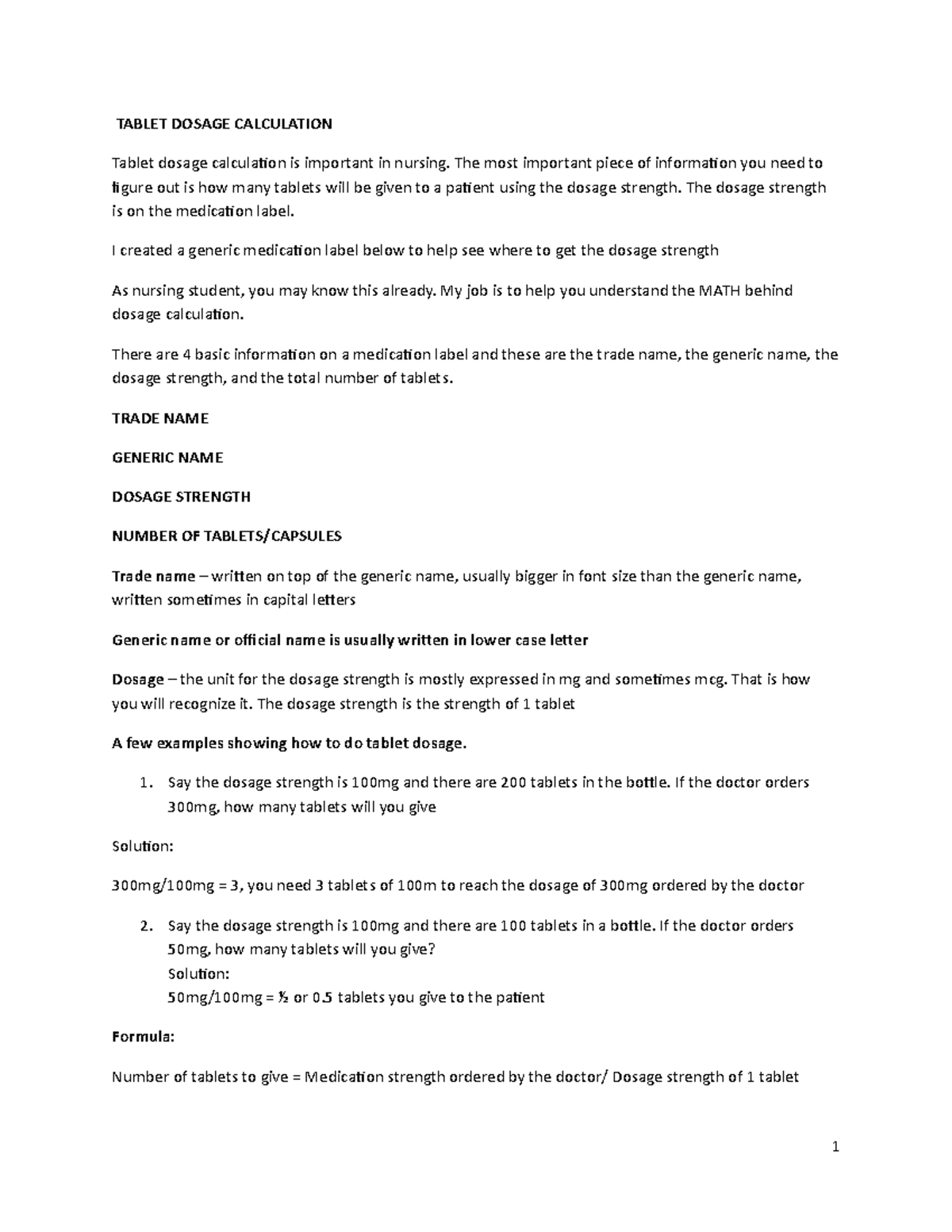 Tablet Dosage Calculation BSN 1 TABLET DOSAGE CALCULATION Tablet