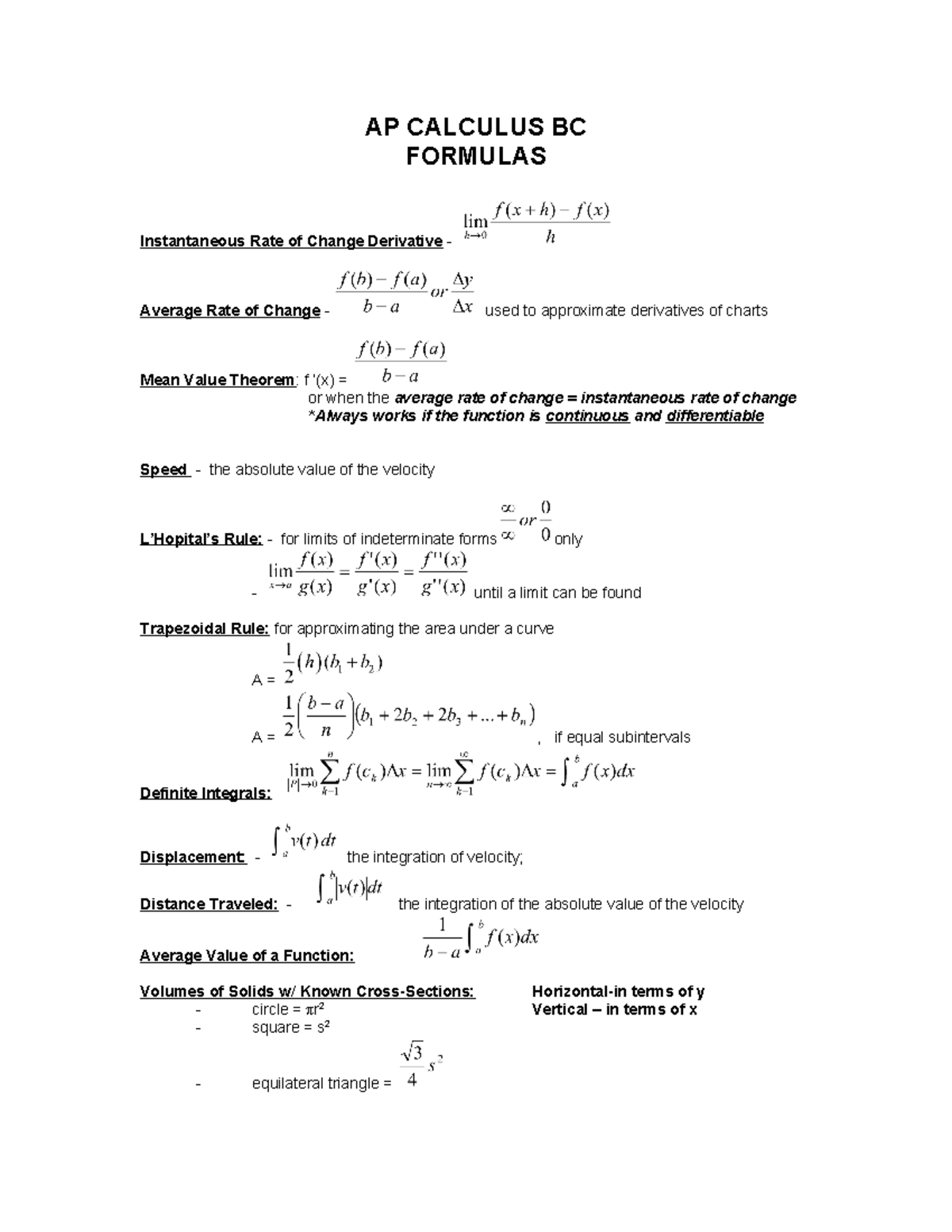 AP Calc BC Formulas(2020) AP CALCULUS BC FORMULAS Instantaneous