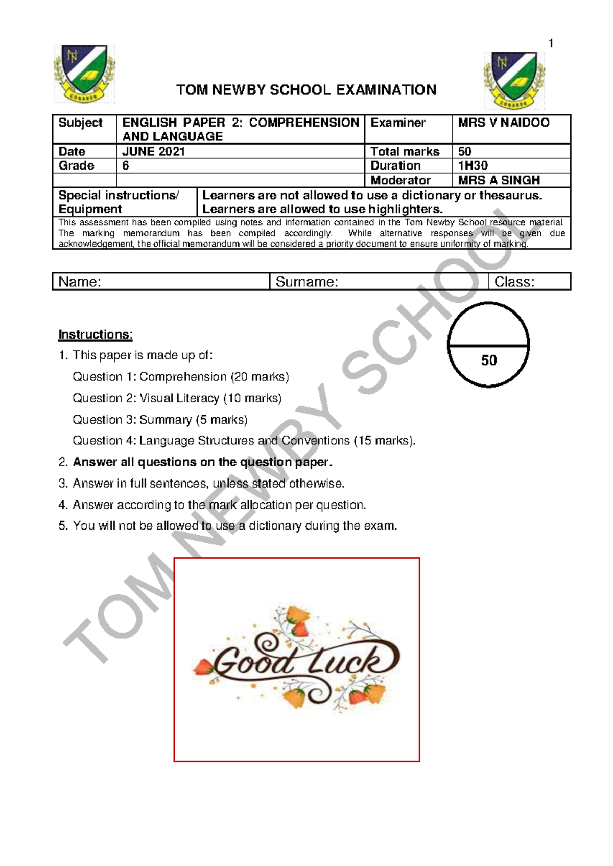 Grade 6 English Exam June 2021 - TOM NEWBY SCHOOL EXAMINATION Subject ...