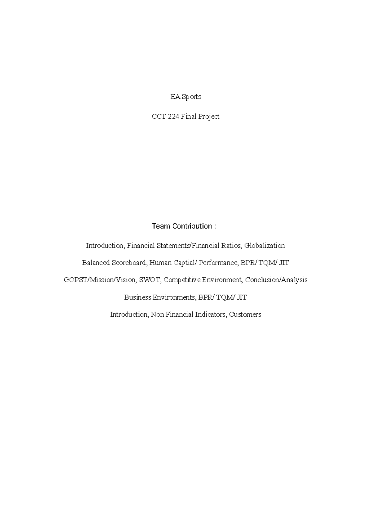 Cct224 Final Project Structure Topics for Overview - EA Sports CCT 224 ...
