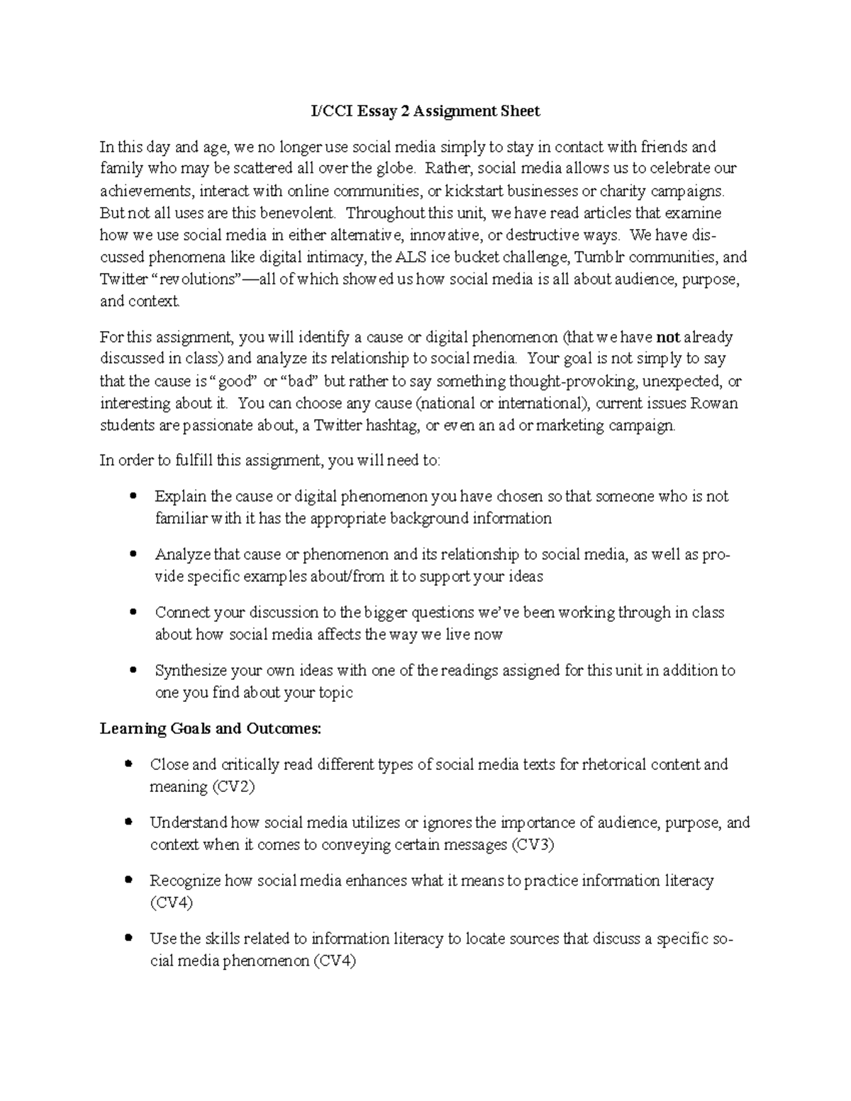 Comp 1 Proj 2 - Classwork - I/CCI Essay 2 Assignment Sheet In this day ...