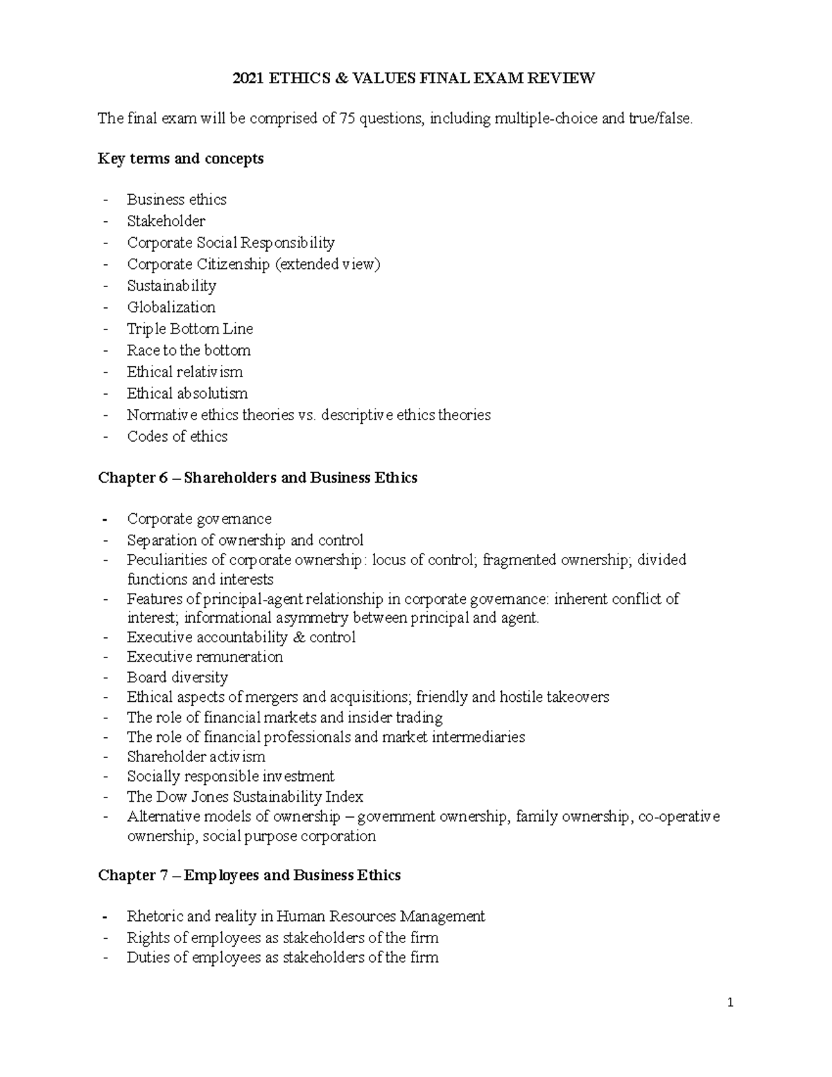 Final Exam review document 2021 - 2021 ETHICS & VALUES FINAL EXAM ...