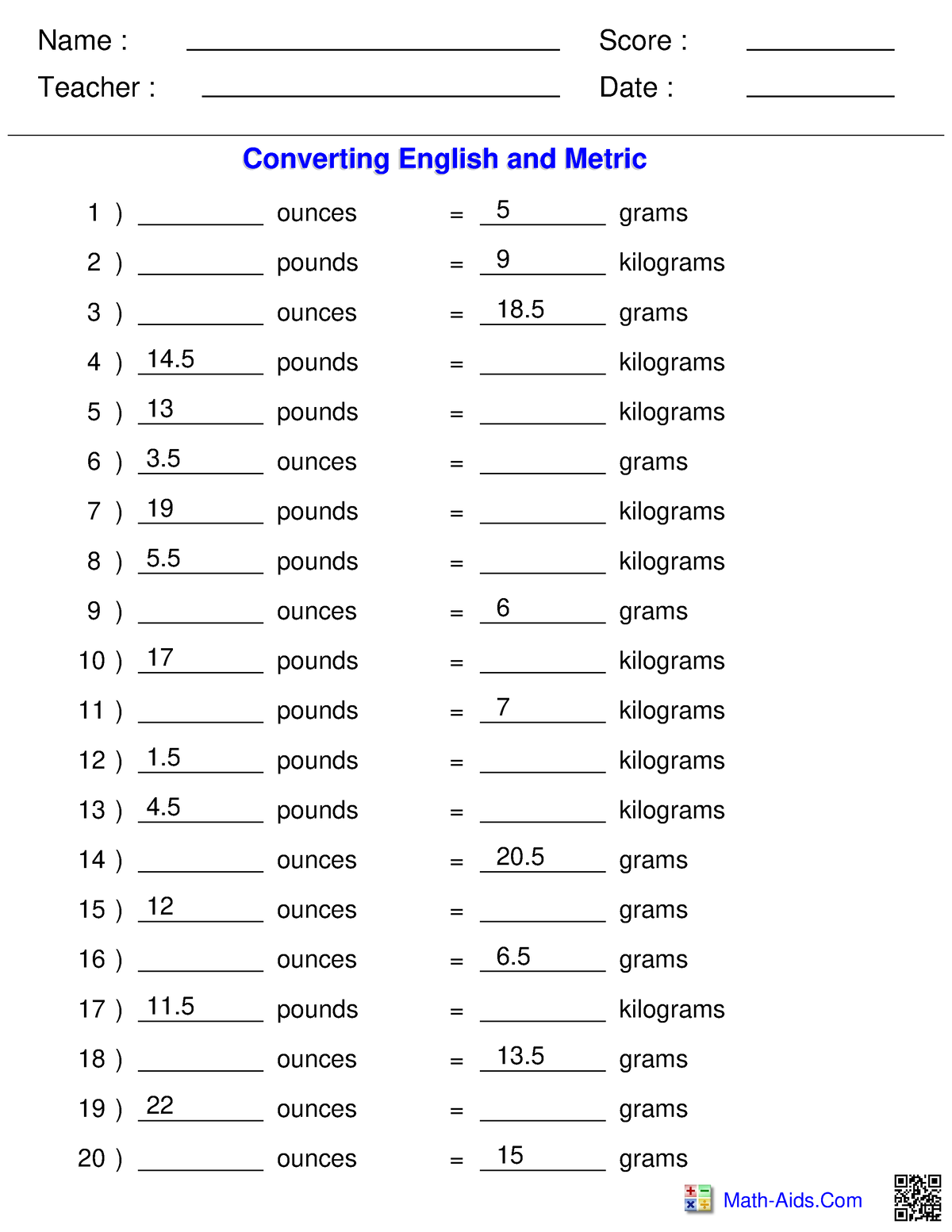 Converting English and Metric Units - Name : Teacher : Date : Score ...