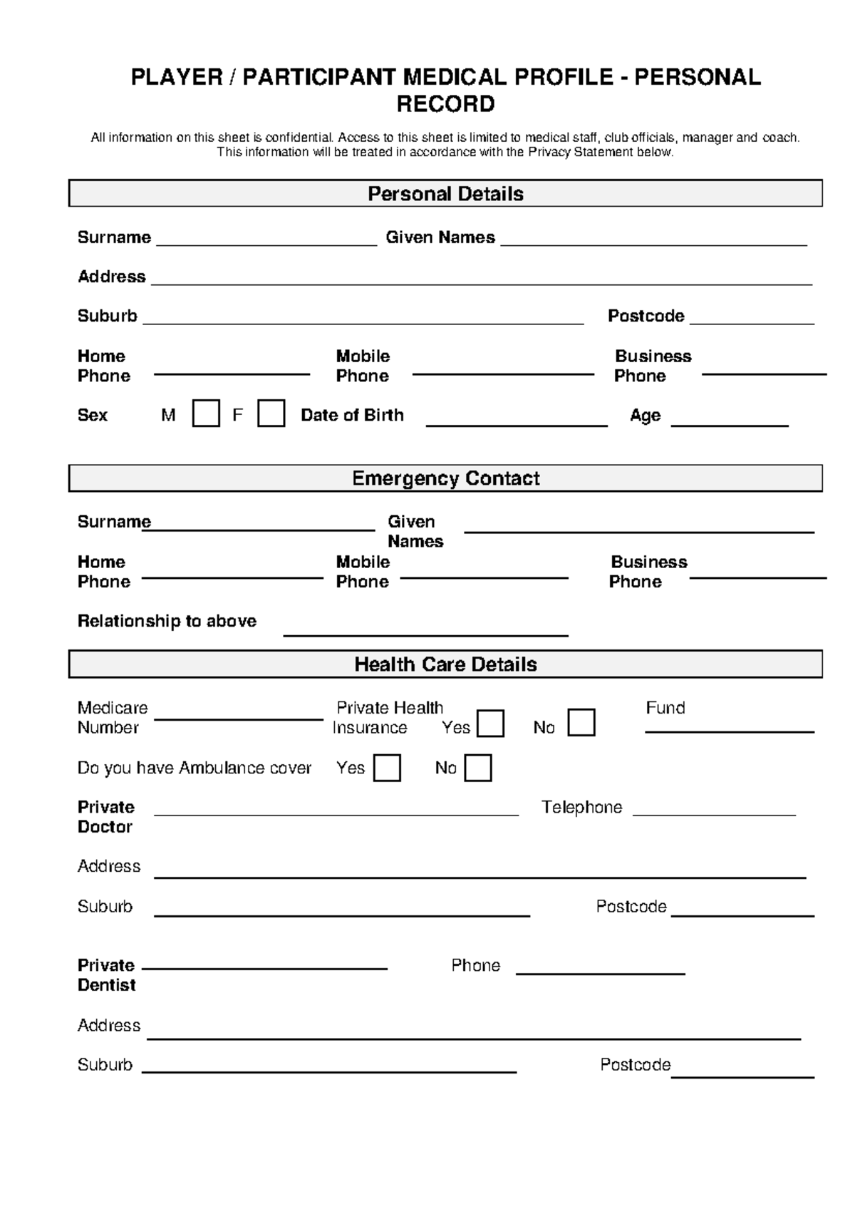 Medical-History-Form - PLAYER / PARTICIPANT MEDICAL PROFILE - PERSONAL ...