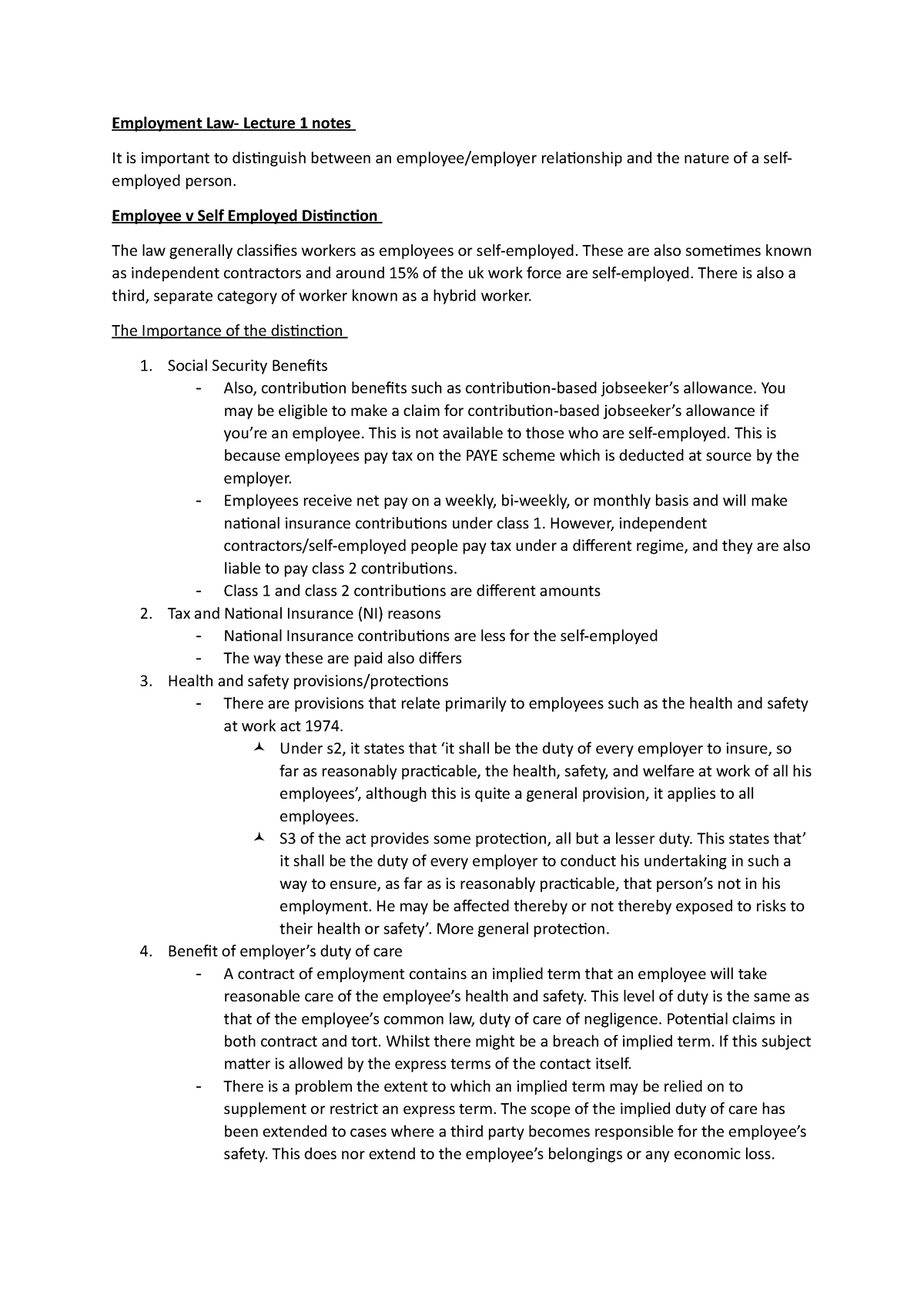 Employment Law V2 Intro To Worker Employment Law Lecture 1 Notes It Is Important To 