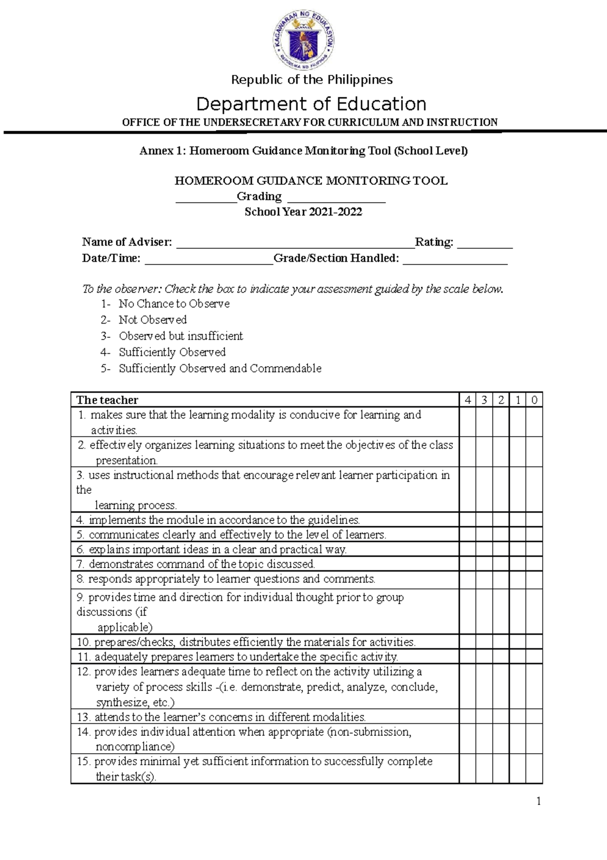 Homeroom Guidance Monitoring and Evaluation Tool School Level ...