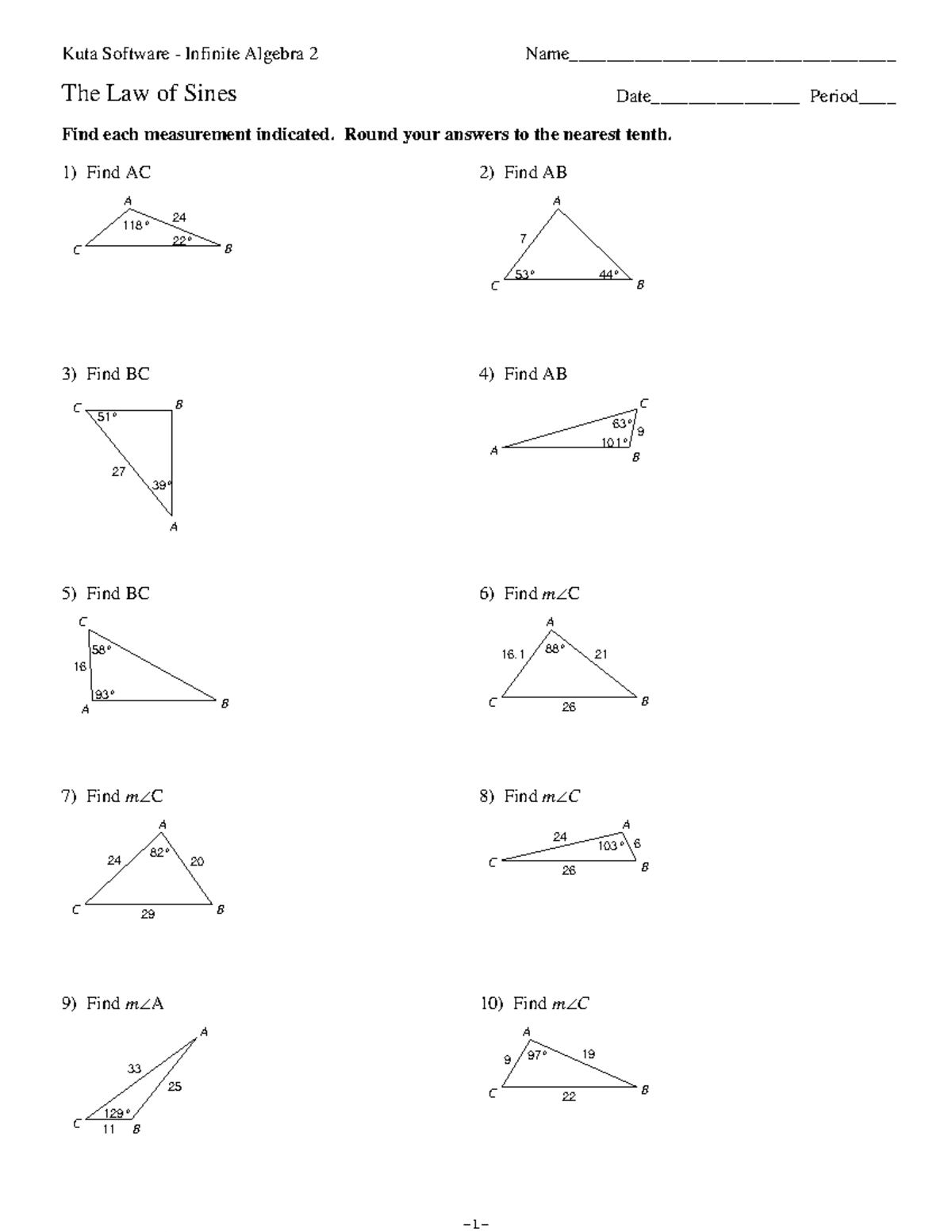 Law of Sines worksheet pdf - ©K w 2 T 0 v 1 X 2 R 4 KouktTa 9 wS 4 ...