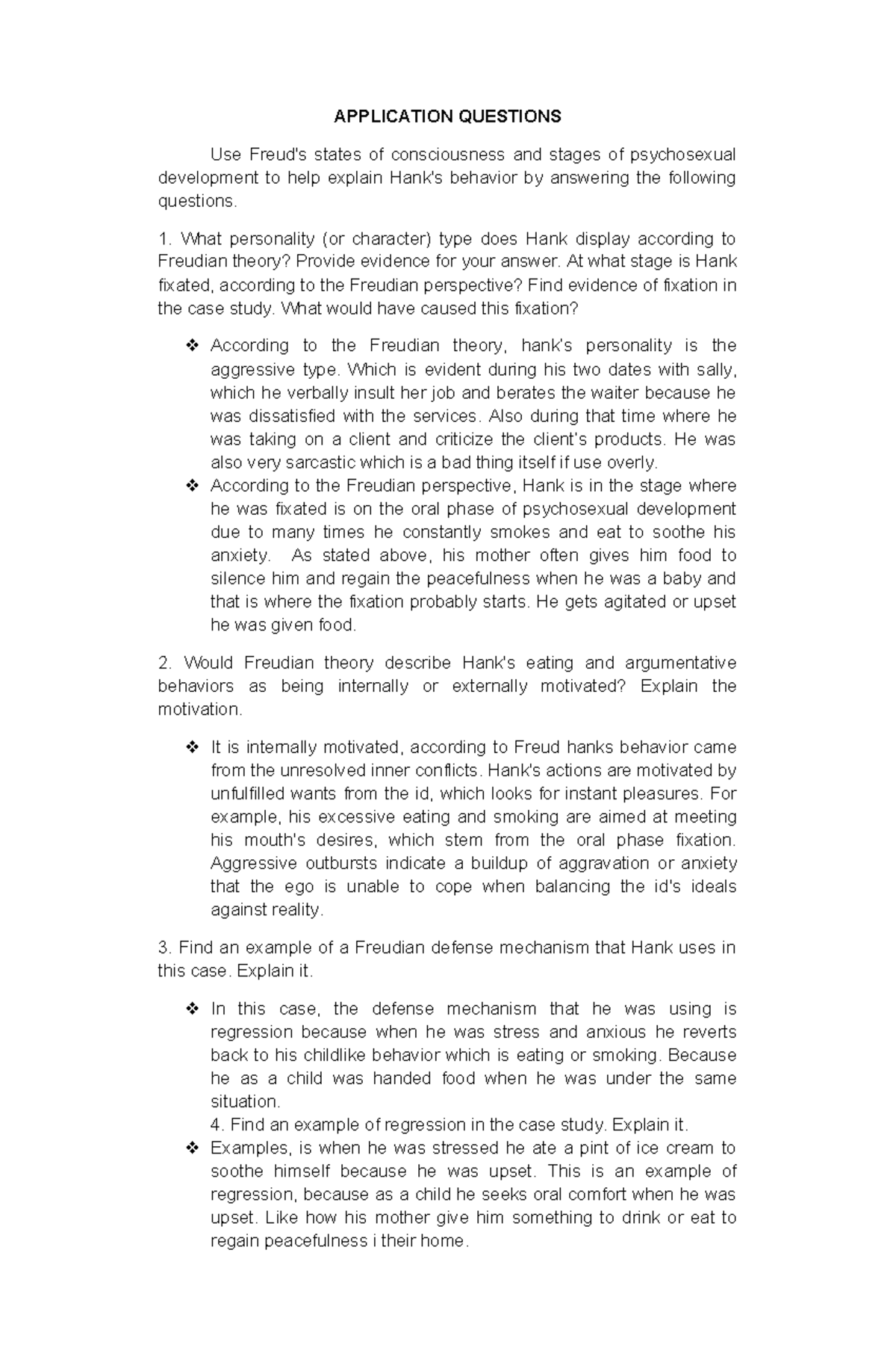 Capanas; freud case study - APPLICATION QUESTIONS Use Freud's states of ...