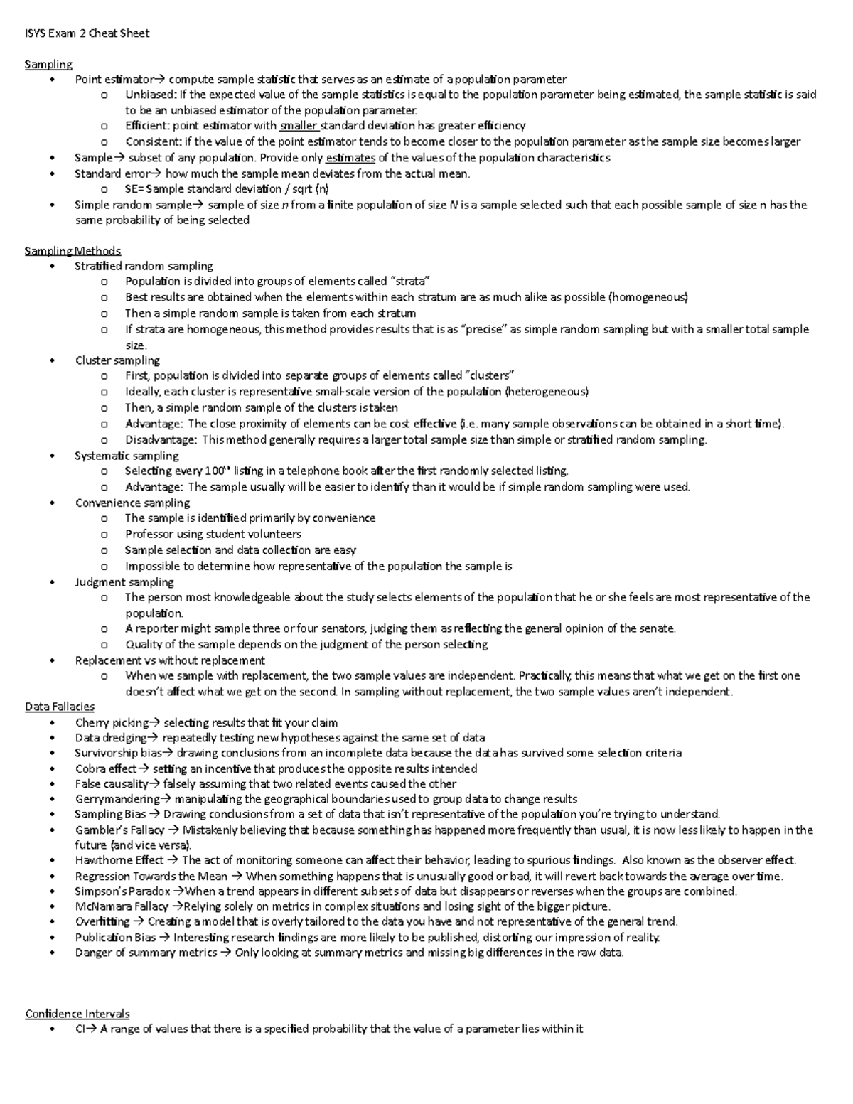 ISYS Exam 2 - Exam 2 cheat sheet for Carole Shook at the University of ...