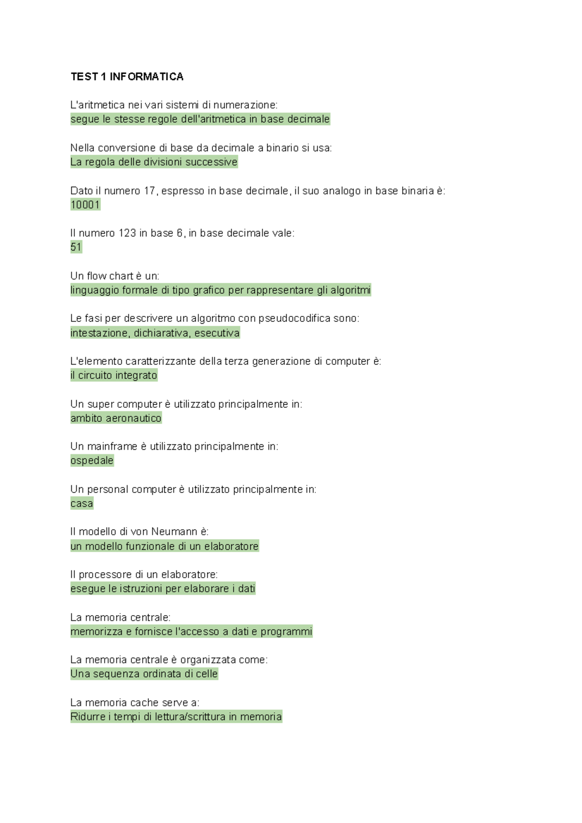 TEST 1 Informatica - TEST 1 INFORMATICA L'aritmetica nei vari sistemi ...
