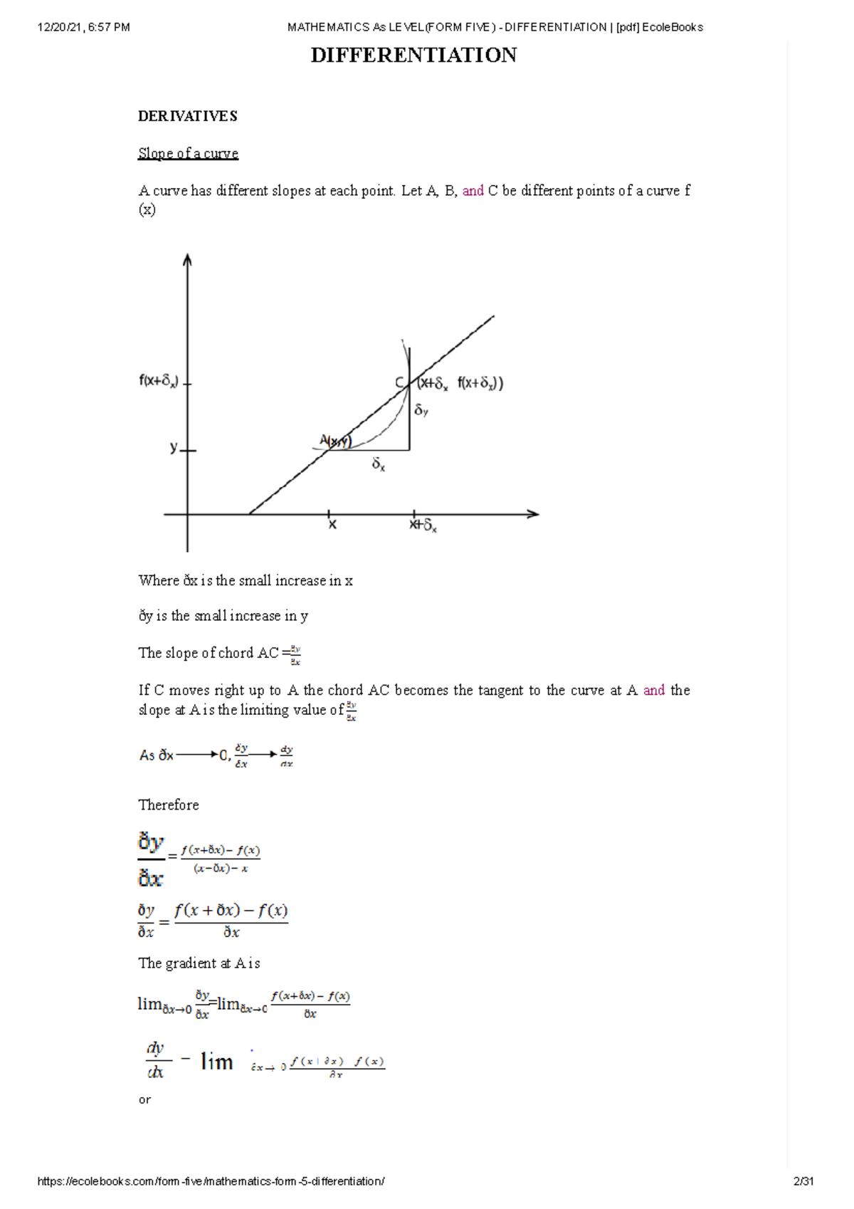 Mathematics - Differentiation - DIFFERENTIATION DERIVATIVES Slope of a ...