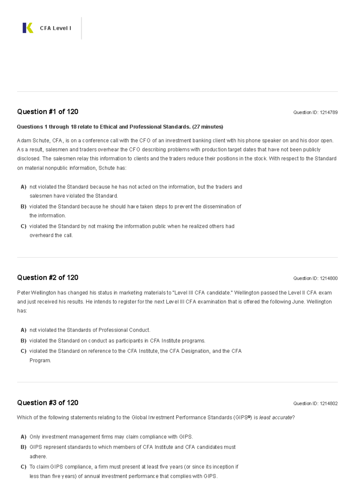 V2 Exam 2 PM - CFA Level I - Question #1 of 120 Question ID: 1214789 A ...