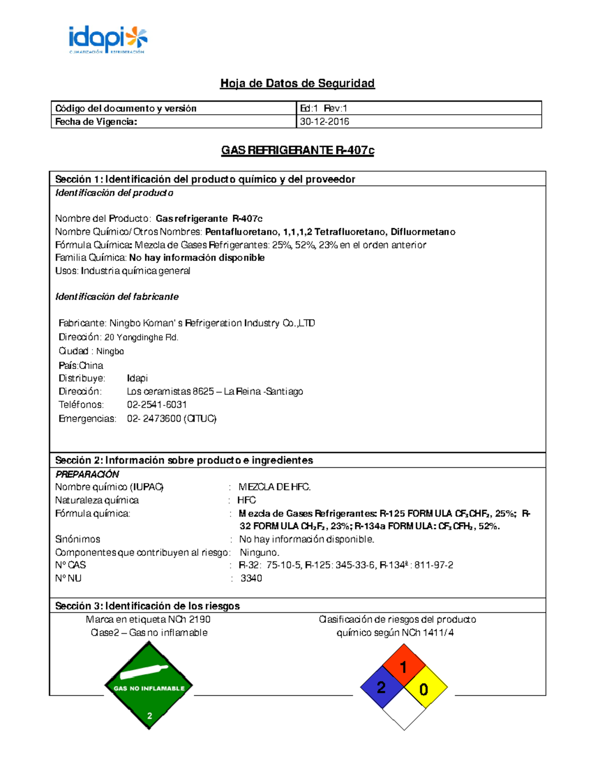 HDS Gas refrigerante R407c - Hoja de Datos de Seguridad Código del ...