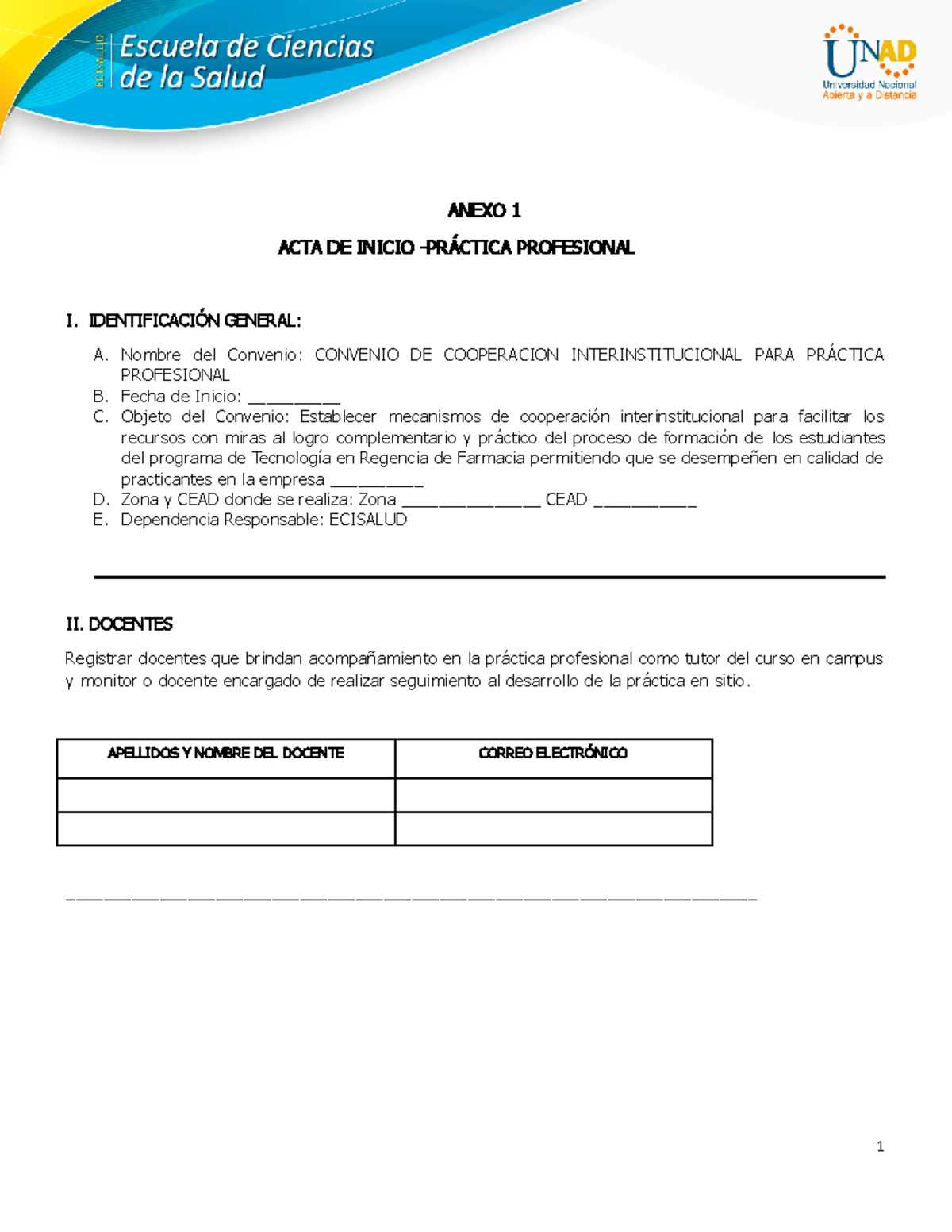 Anexo 1- Acta Inicio Práctica Profesional - ANEXO 1 ACTA DE INICIO ...